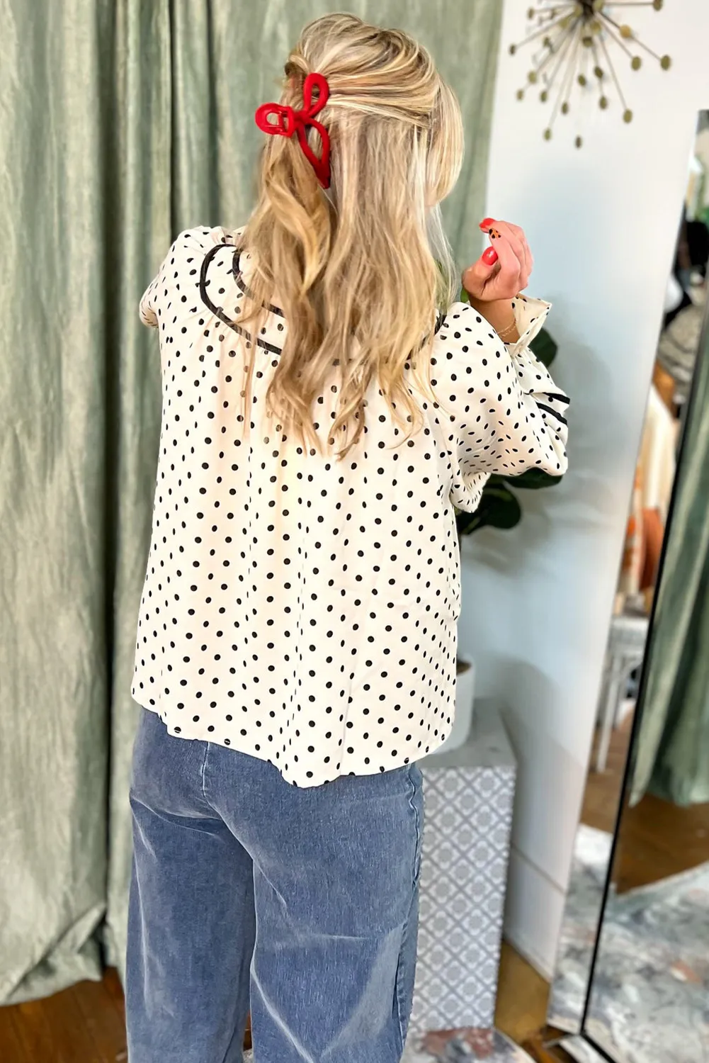 Beige Polka Dot Striped Lace-up Crew Neck Loose Fit Blouse