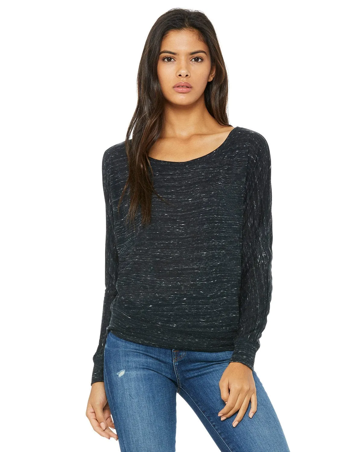 Bella Canvas Ladies Long Sleeve Off The Shoulder Top | Black Marble