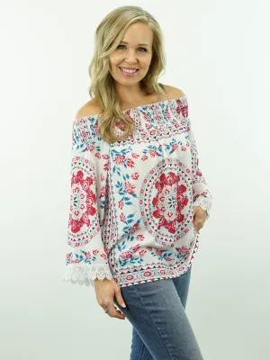 Bella Rose - Floral Print, Off Shoulder/On Shoulder, Lace Sleeve Top