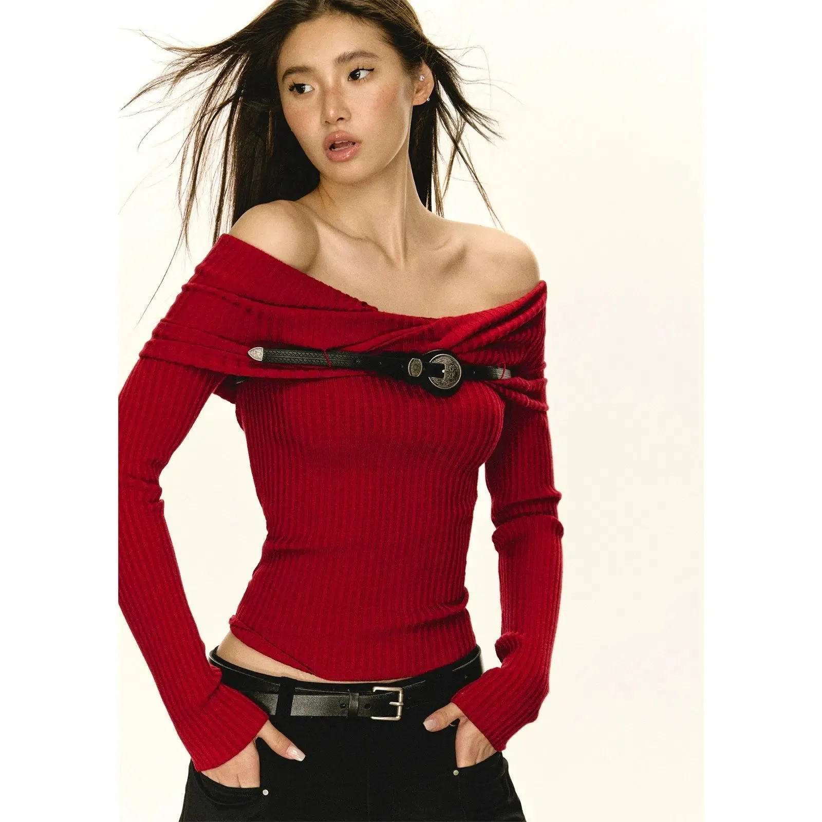 Belted Waist Off-Shoulder Knit Top