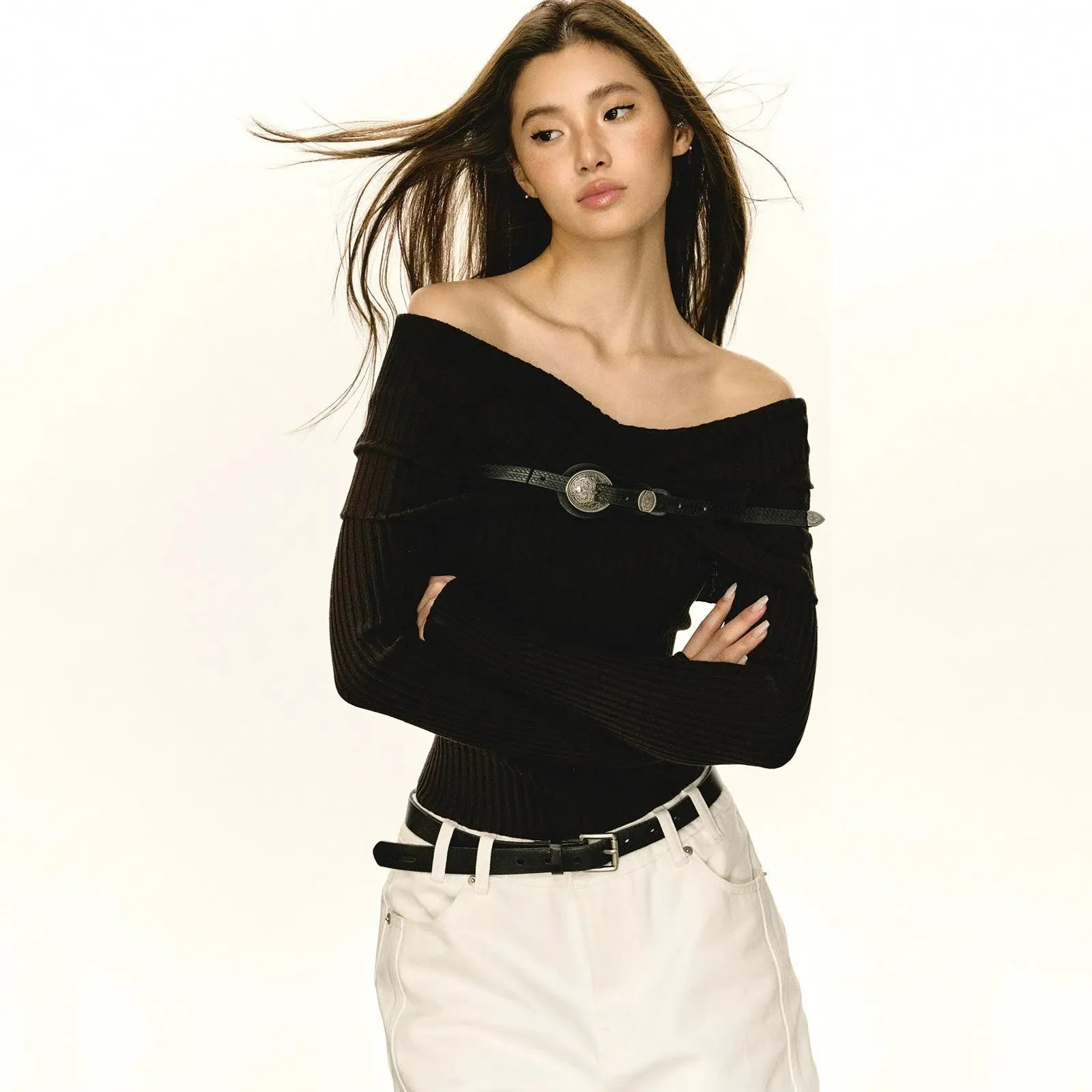 Belted Waist Off-Shoulder Knit Top