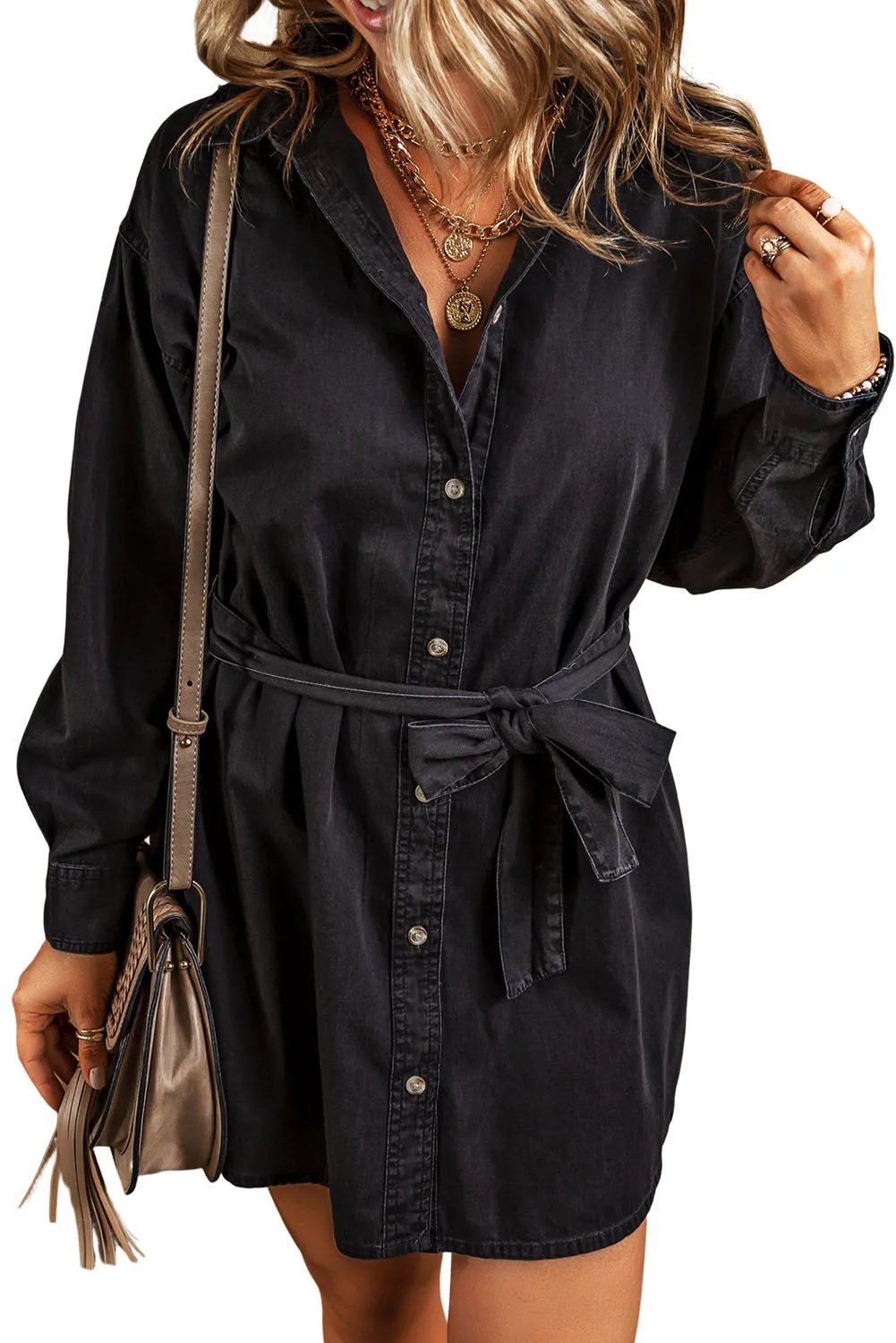 Black Button-Up Belted Denim Shirt Dress