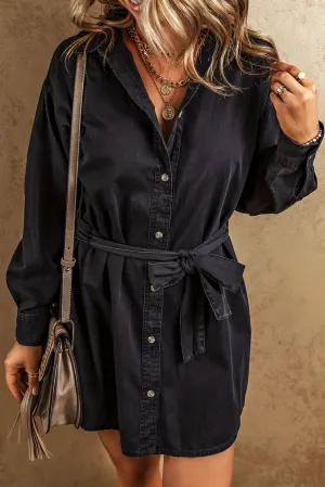 Black Button-Up Belted Denim Shirt Dress