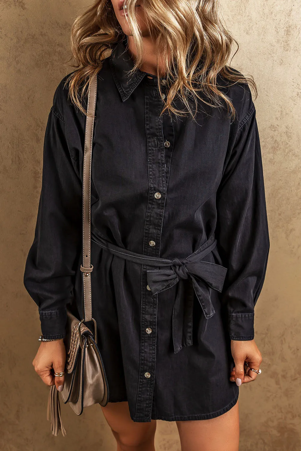Black Button-Up Belted Denim Shirt Dress