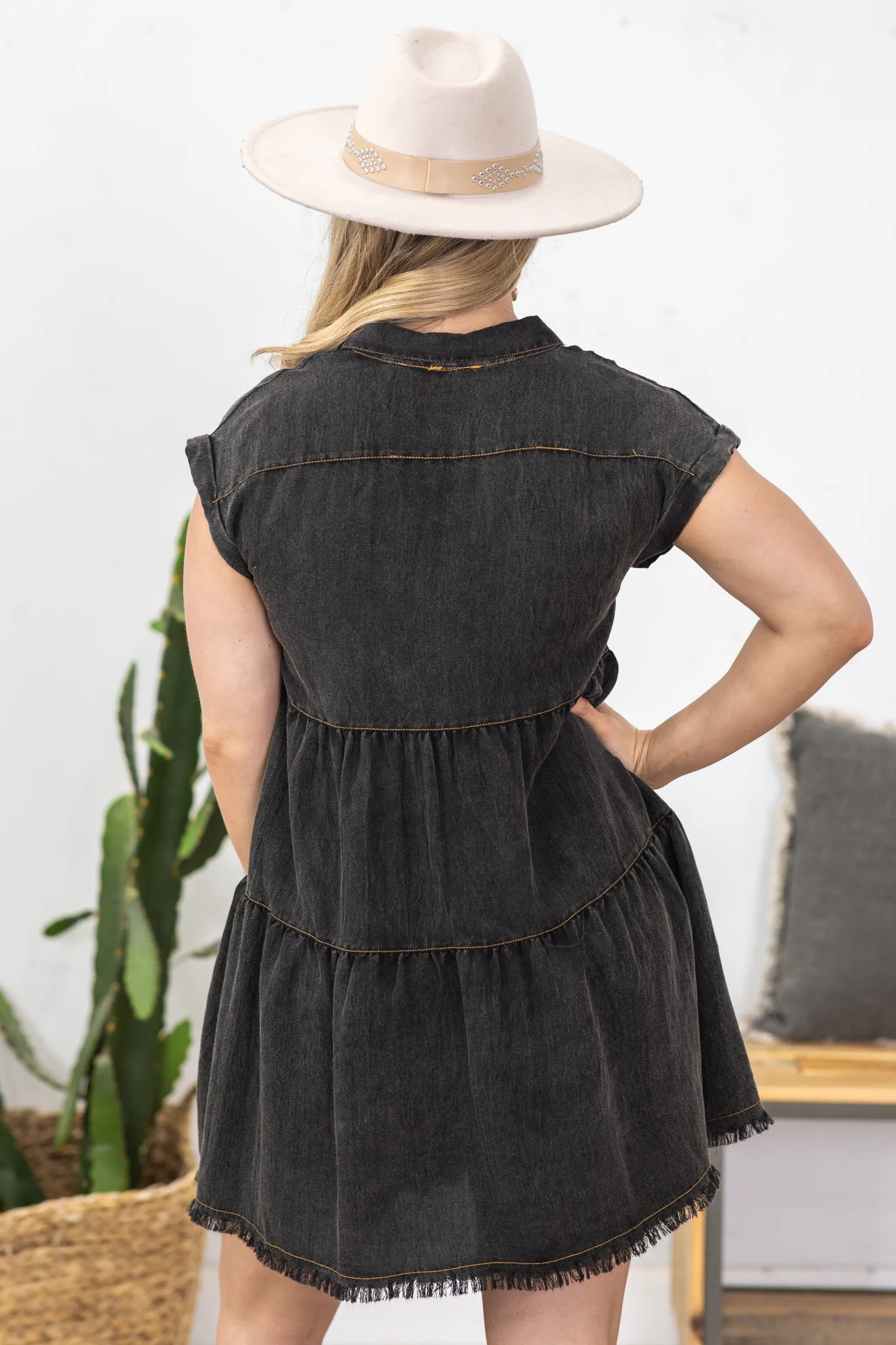 Black Washed Tiered Button Up Dress