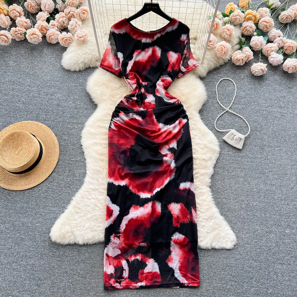 Blooming Vacation Style Dress for Women Summer Sexy Pure Desire Tulle Slit Slim-Fitting Tight Waist Niche Hip-Wrapped Hot Girl Dress