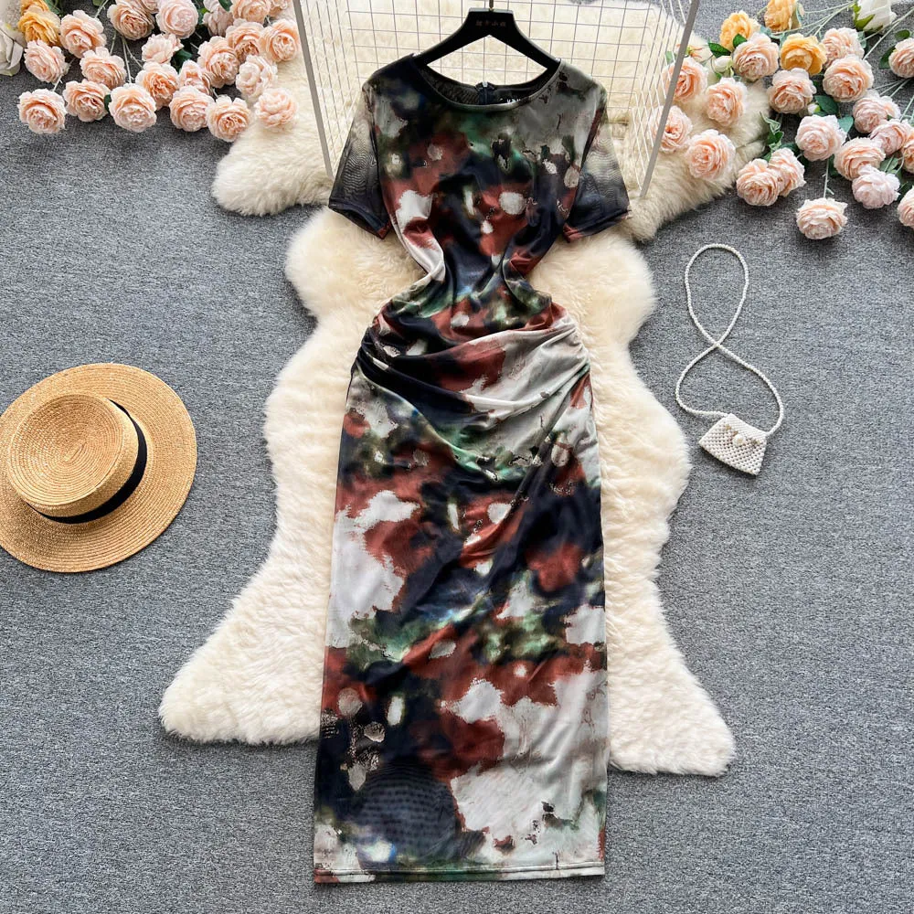 Blooming Vacation Style Dress for Women Summer Sexy Pure Desire Tulle Slit Slim-Fitting Tight Waist Niche Hip-Wrapped Hot Girl Dress