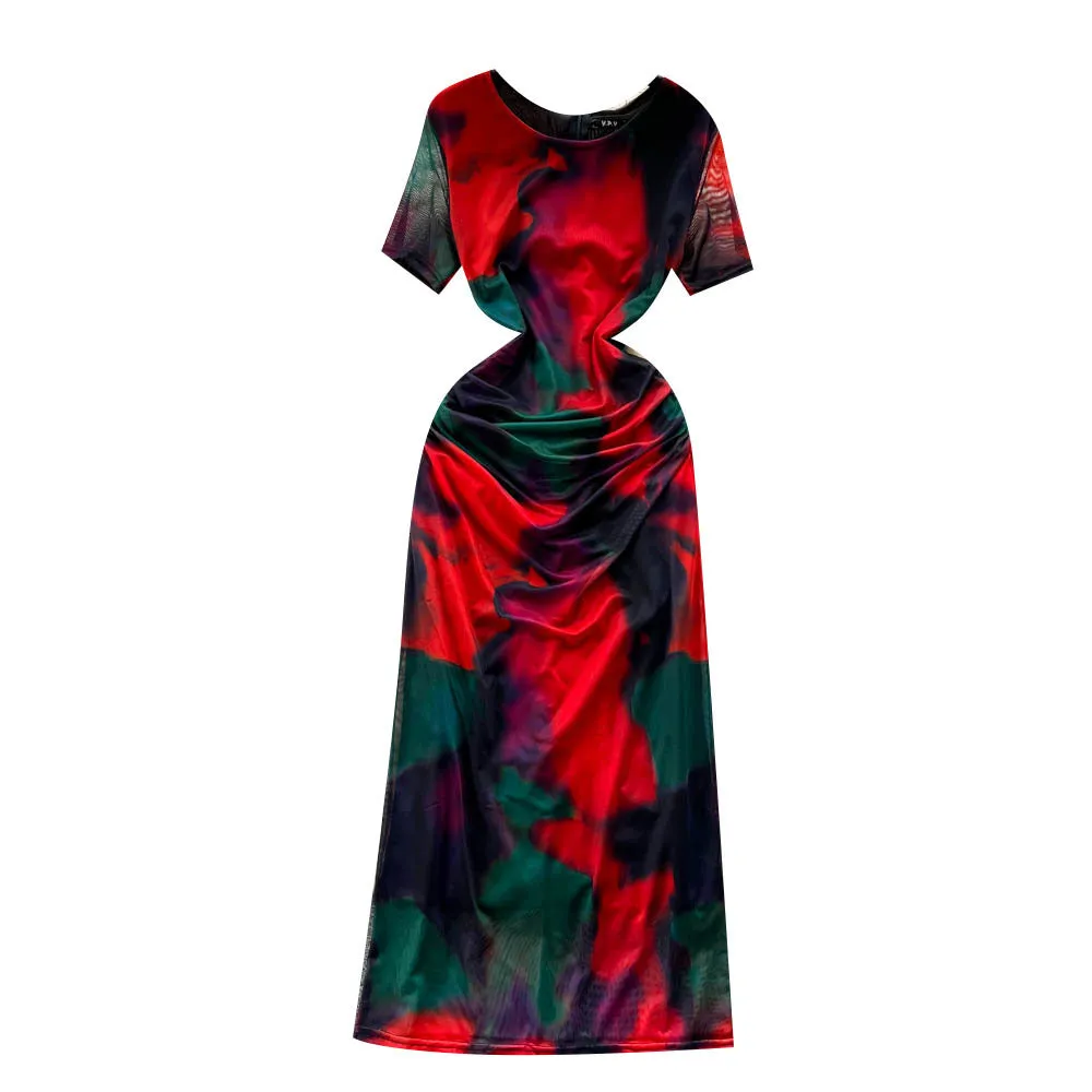 Blooming Vacation Style Dress for Women Summer Sexy Pure Desire Tulle Slit Slim-Fitting Tight Waist Niche Hip-Wrapped Hot Girl Dress