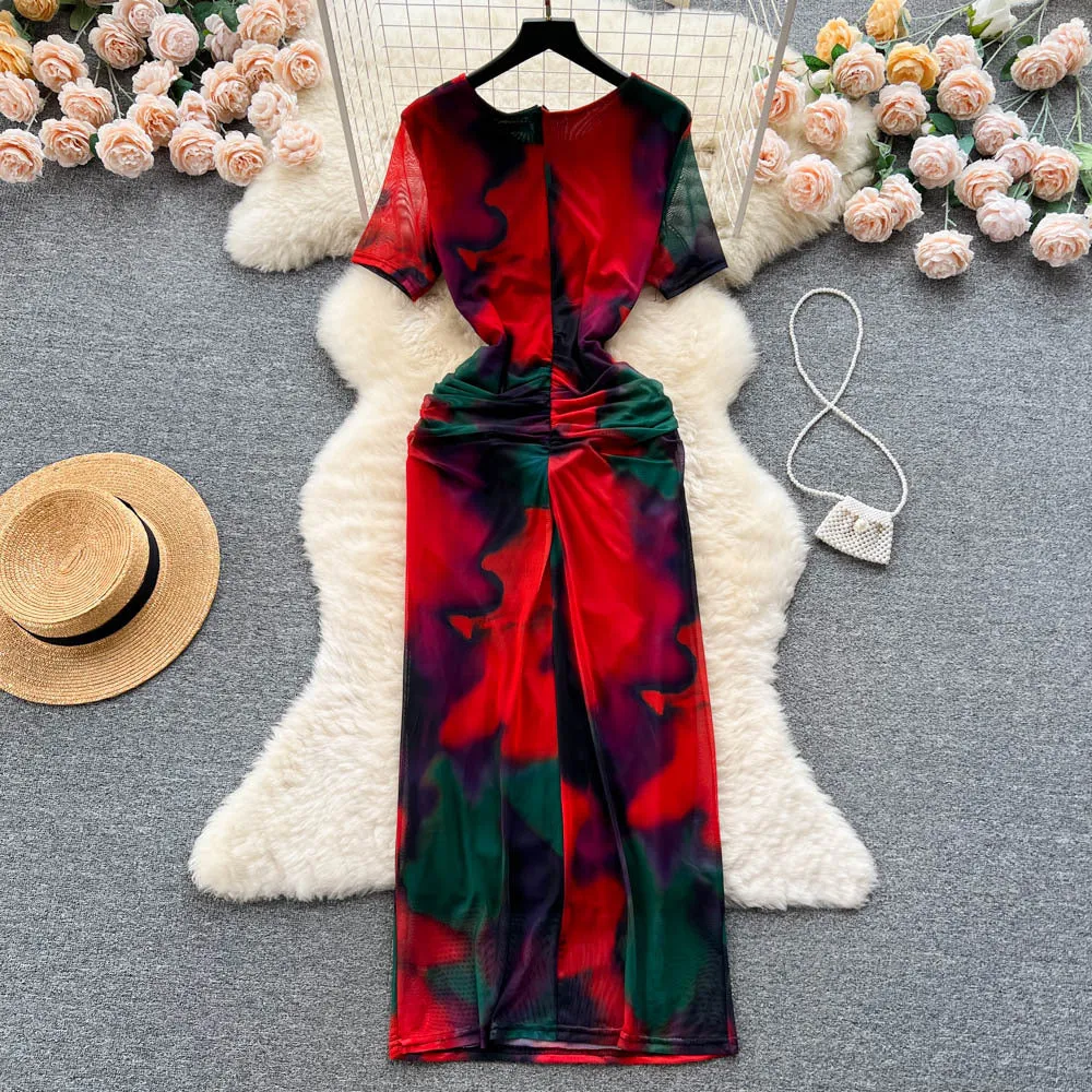 Blooming Vacation Style Dress for Women Summer Sexy Pure Desire Tulle Slit Slim-Fitting Tight Waist Niche Hip-Wrapped Hot Girl Dress