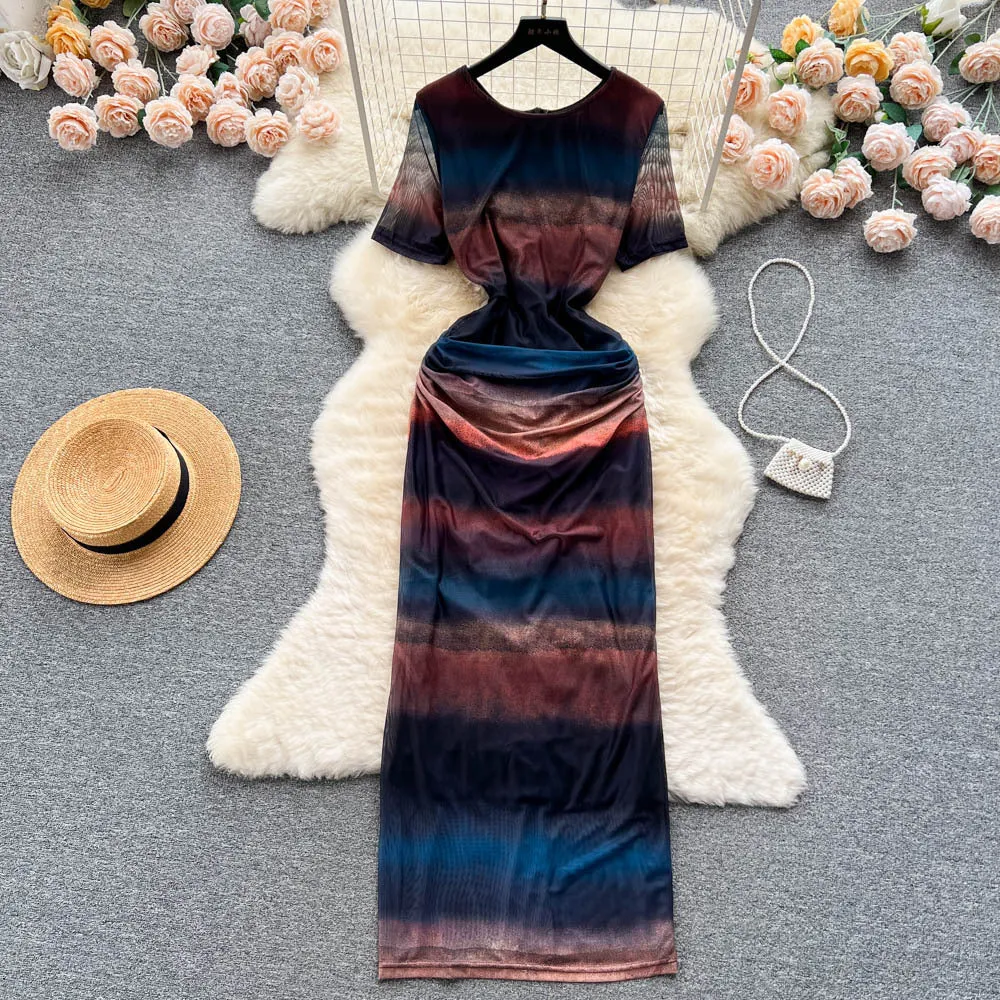 Blooming Vacation Style Dress for Women Summer Sexy Pure Desire Tulle Slit Slim-Fitting Tight Waist Niche Hip-Wrapped Hot Girl Dress