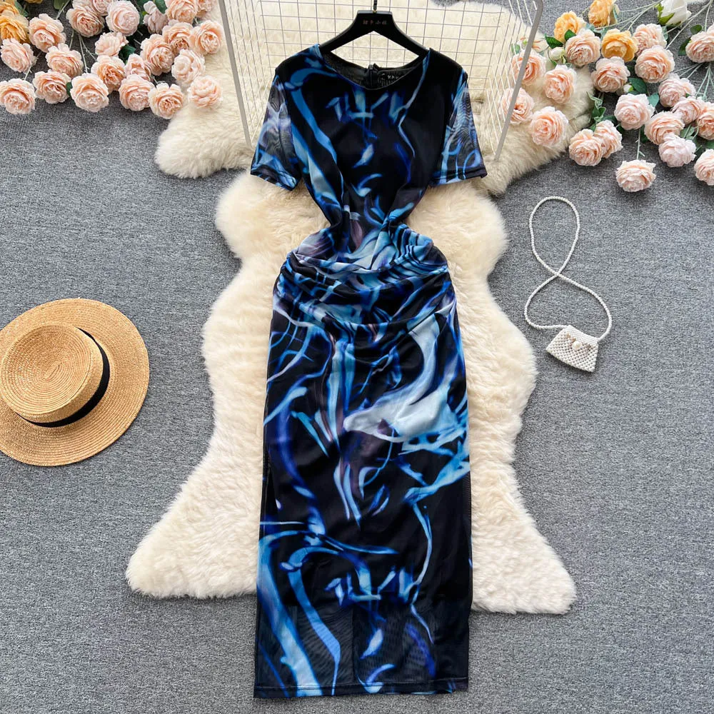 Blooming Vacation Style Dress for Women Summer Sexy Pure Desire Tulle Slit Slim-Fitting Tight Waist Niche Hip-Wrapped Hot Girl Dress