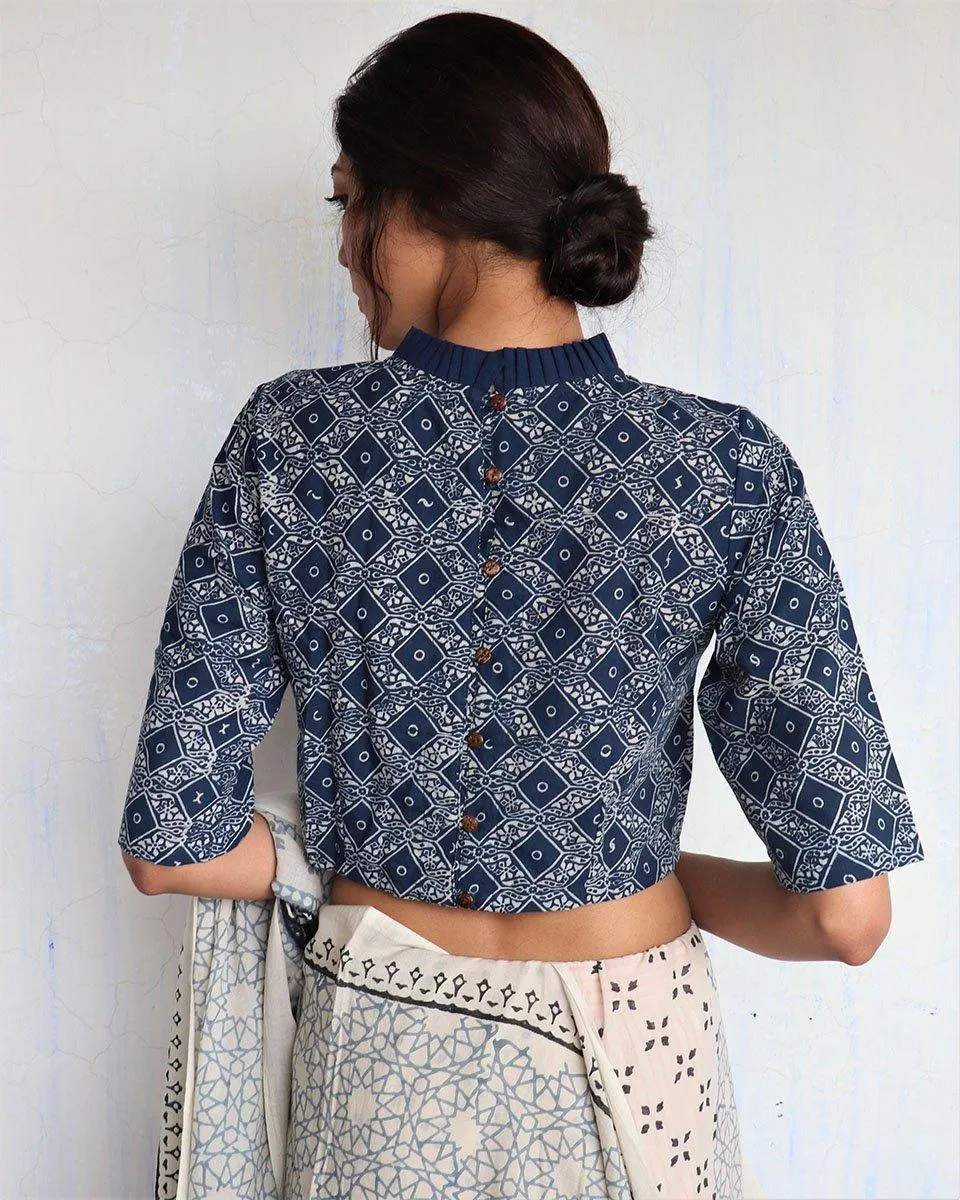 Blue Frill Neck Handprinted Cotton Crop Top Blouse- God