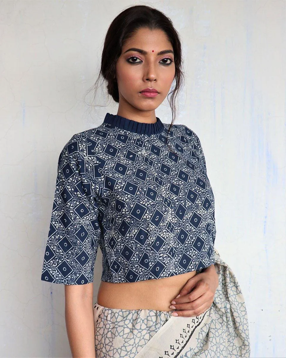 Blue Frill Neck Handprinted Cotton Crop Top Blouse- God