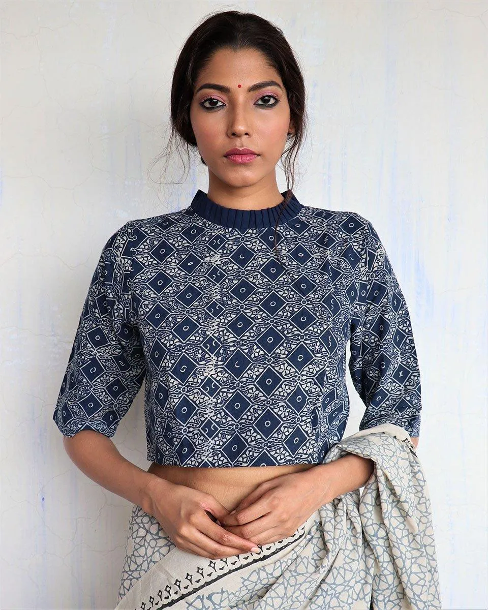Blue Frill Neck Handprinted Cotton Crop Top Blouse- God