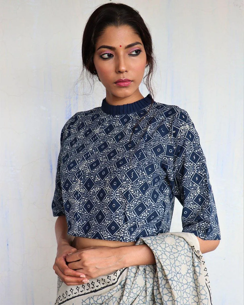 Blue Frill Neck Handprinted Cotton Crop Top Blouse- God