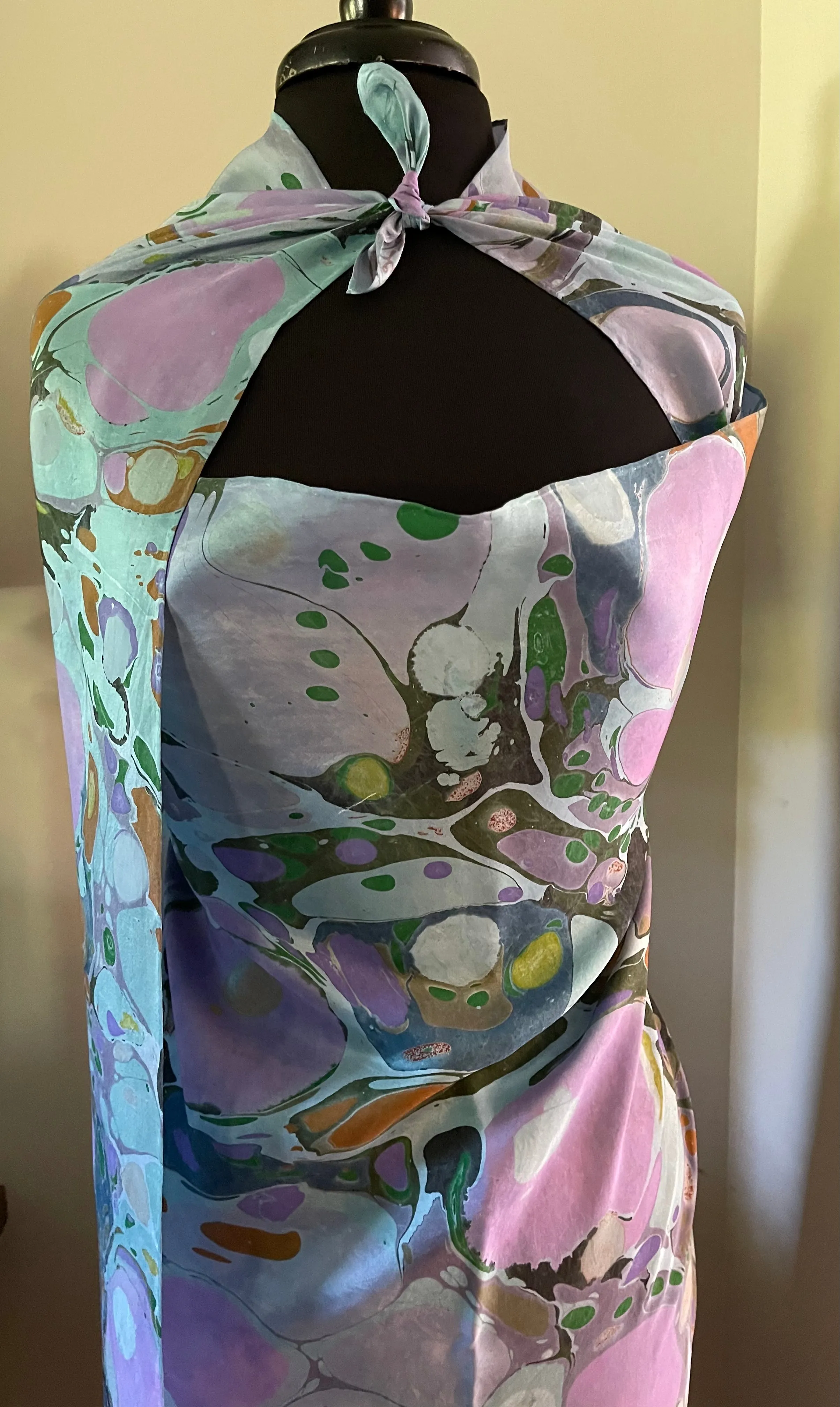 Blue Stone Sarong Wrap 44x69 water marbled Habotai Silk.