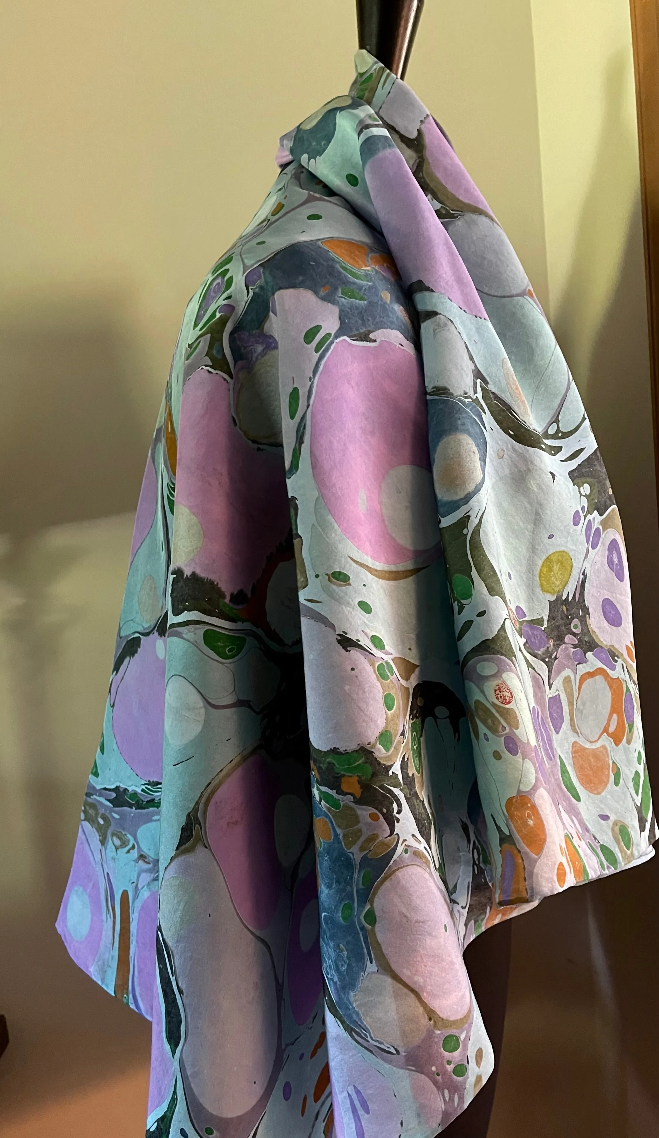 Blue Stone Sarong Wrap 44x69 water marbled Habotai Silk.