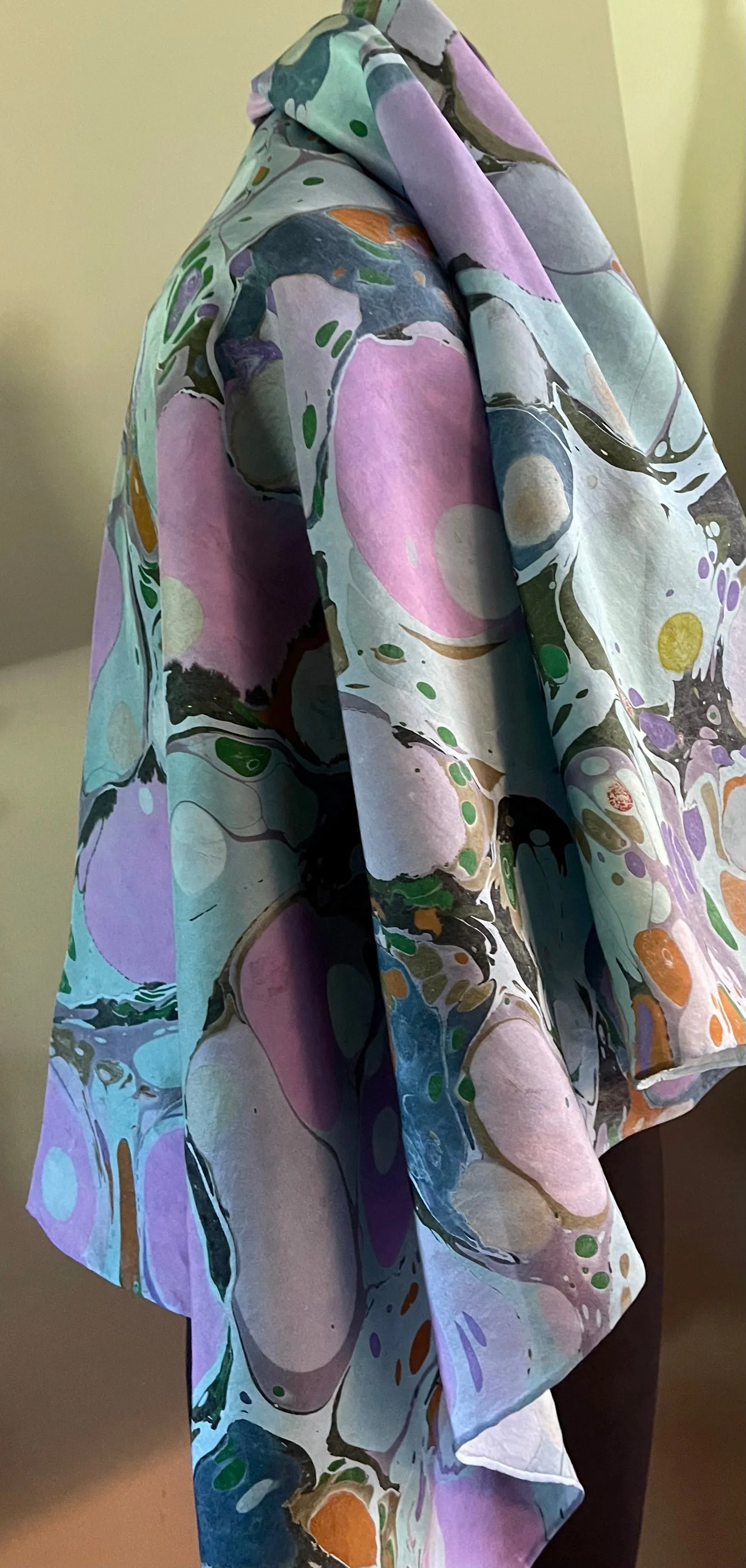 Blue Stone Sarong Wrap 44x69 water marbled Habotai Silk.