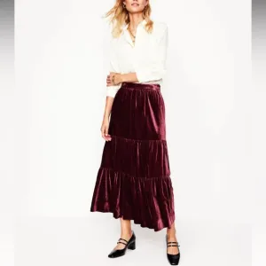 Boden Red Viv Velvet Tiered Maxi Skirt