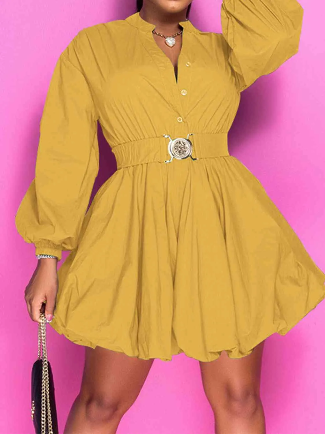 Button Up Balloon Sleeve Dress