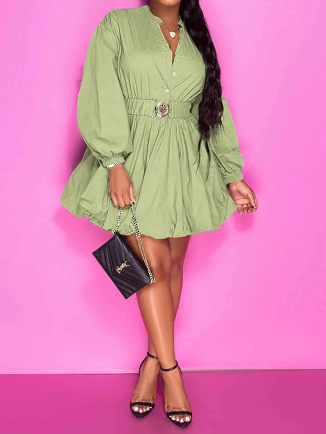 Button Up Balloon Sleeve Dress