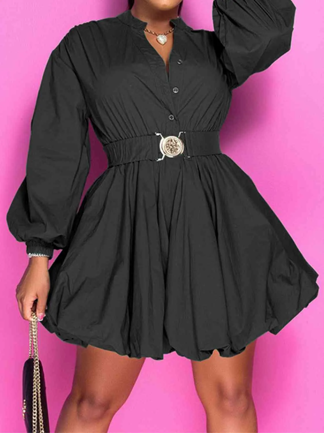 Button Up Balloon Sleeve Dress