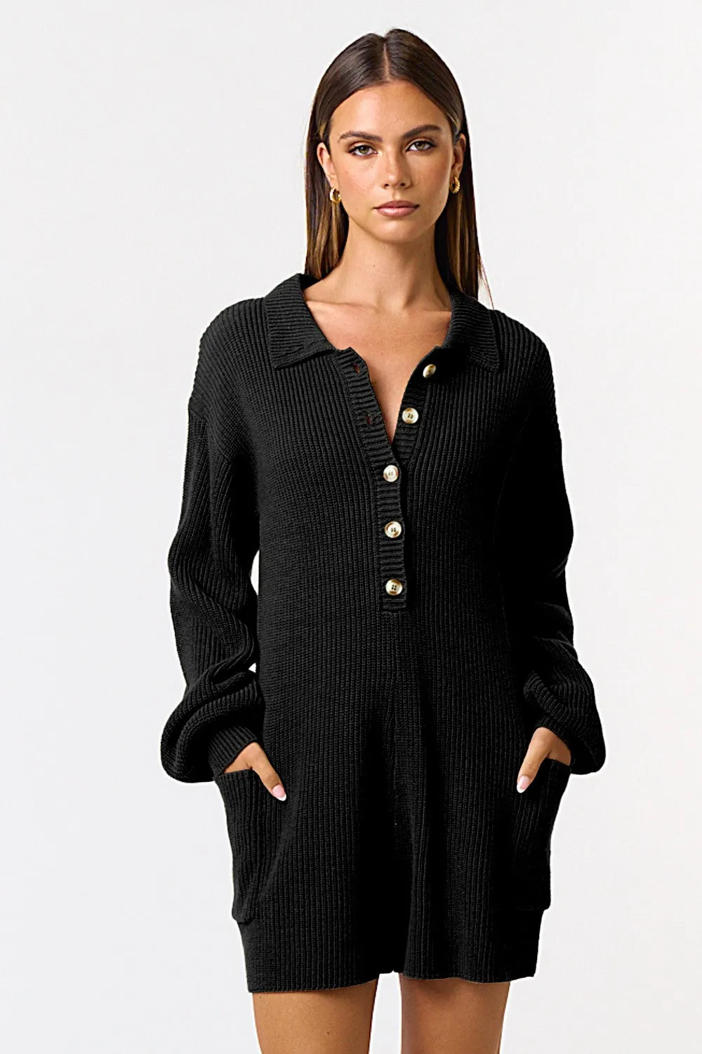 Button Up Long Sleeve Romper