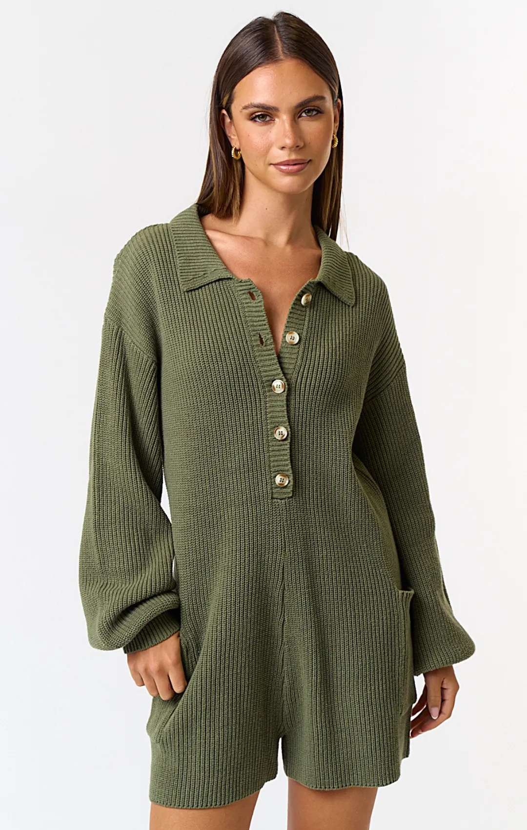 Button Up Long Sleeve Romper