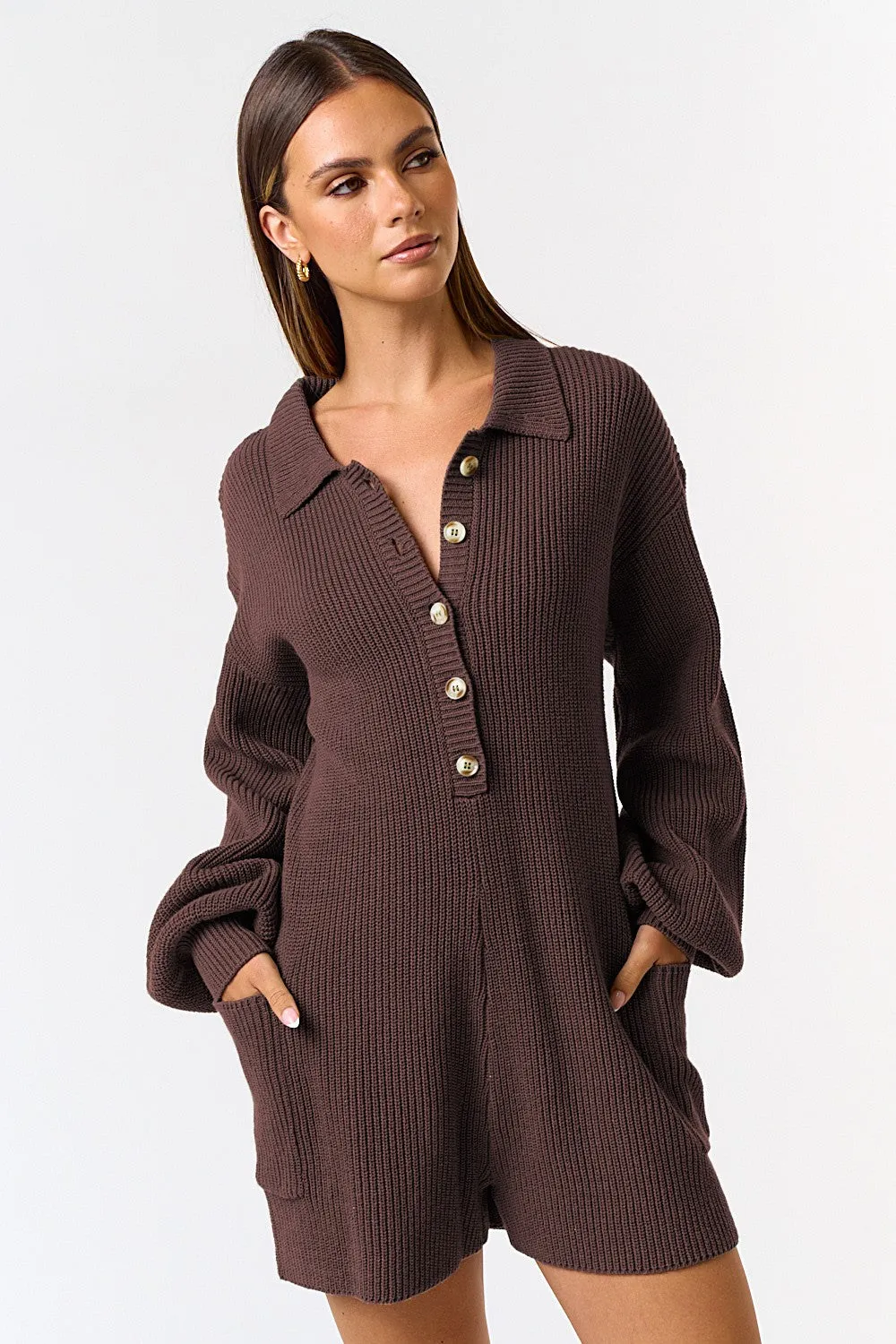 Button Up Long Sleeve Romper
