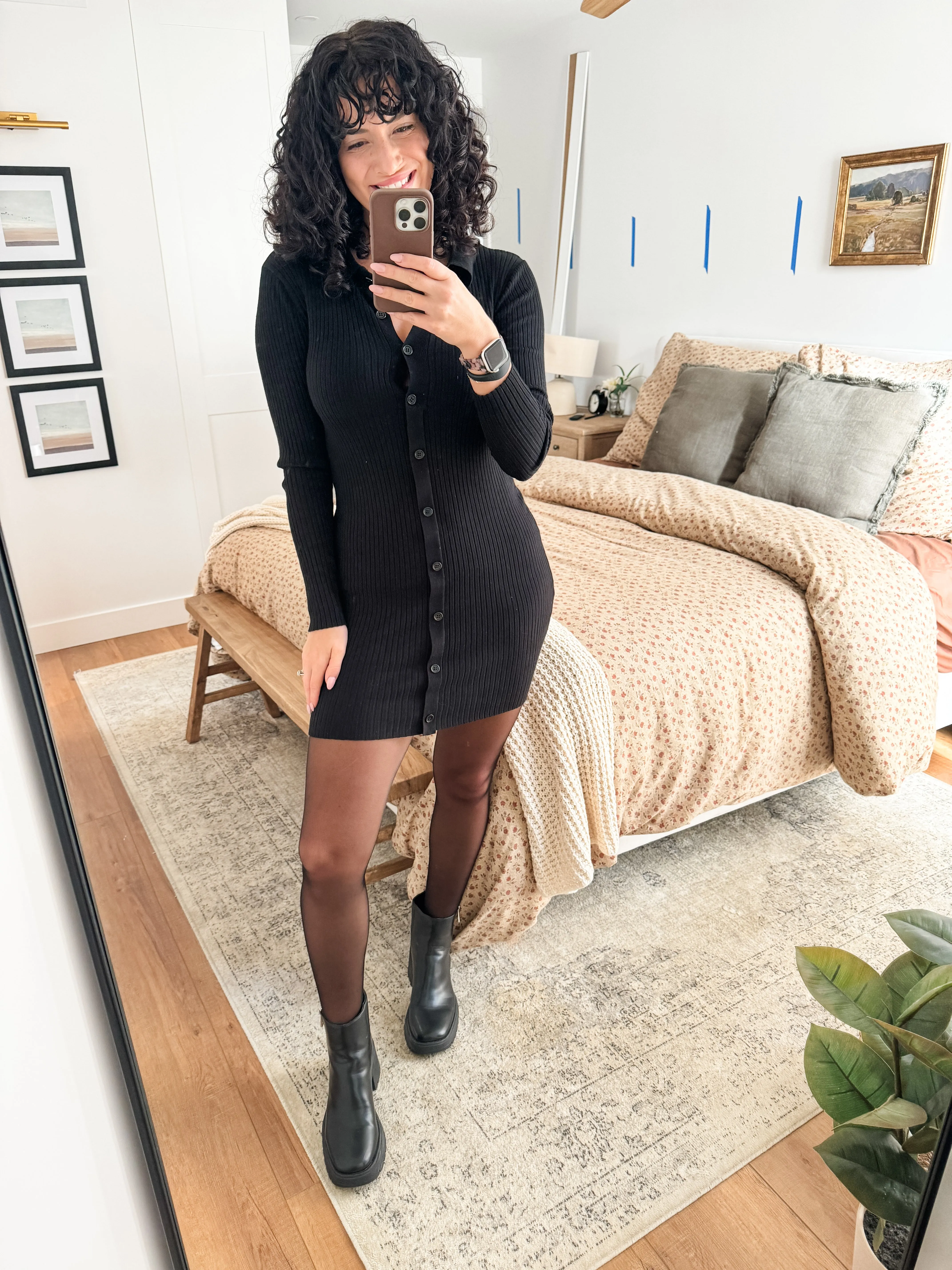 Button Up Ribbed Mini Shirt Dress