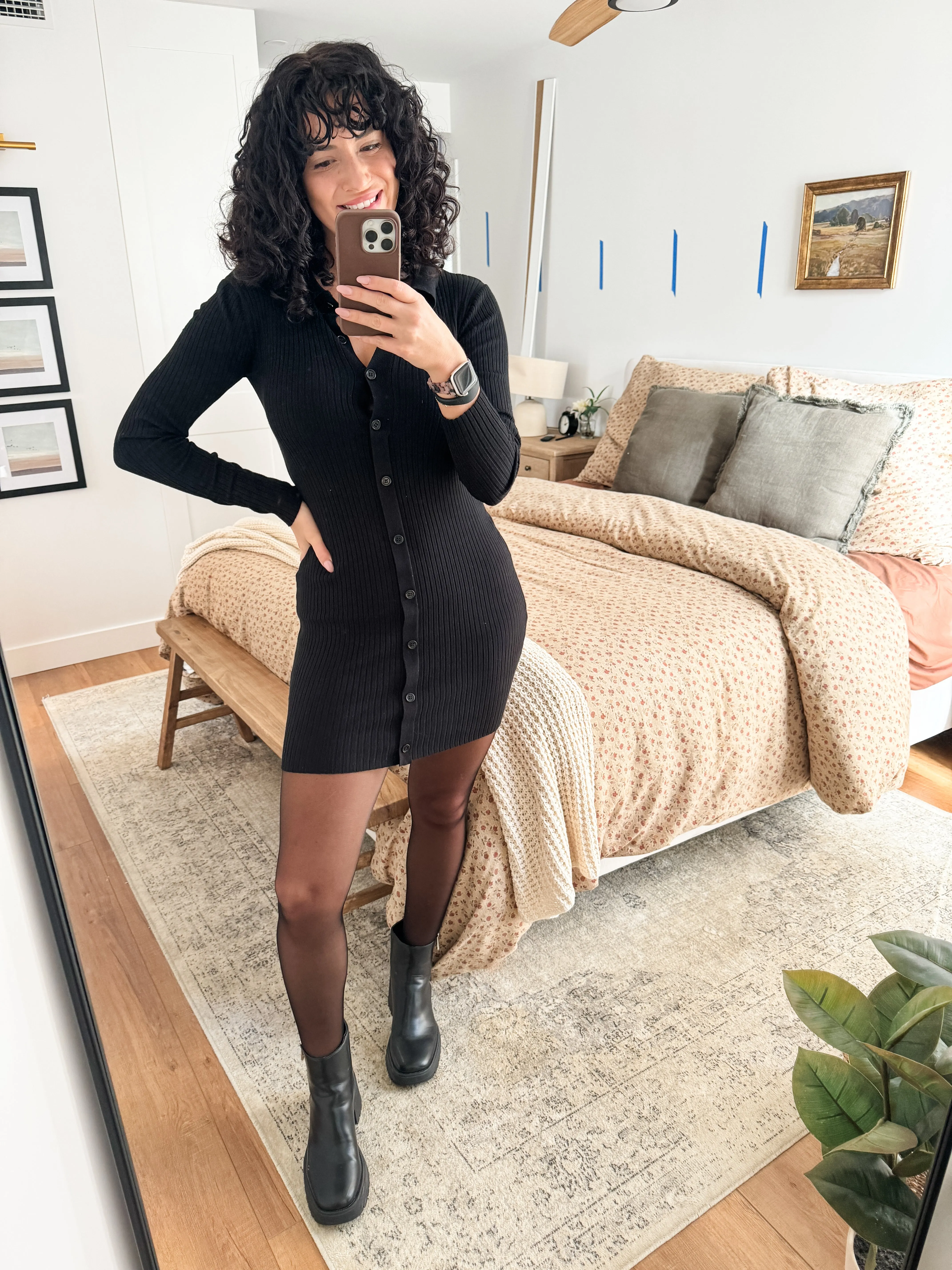 Button Up Ribbed Mini Shirt Dress