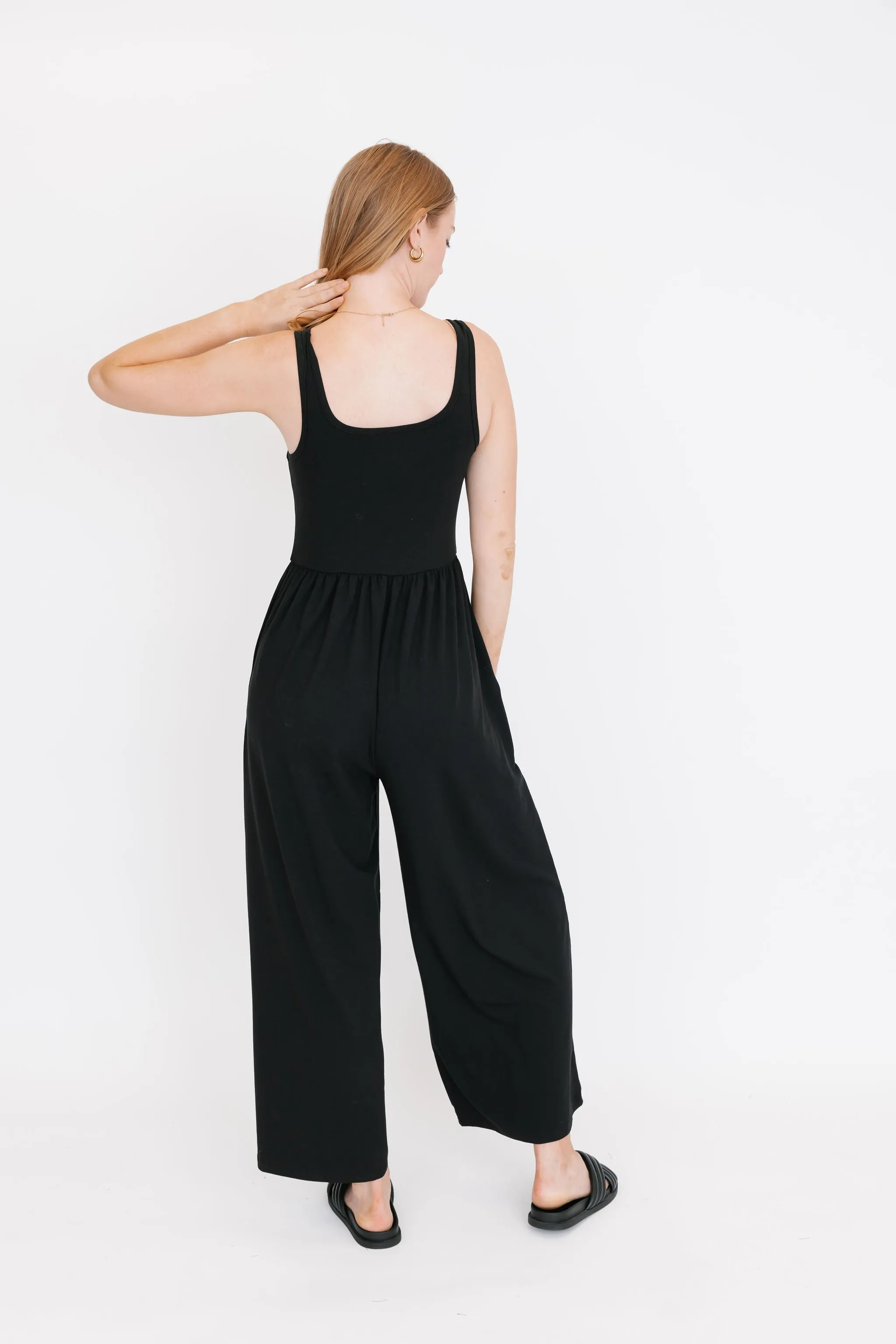 Camille Wide Leg Romper in Midnight Black