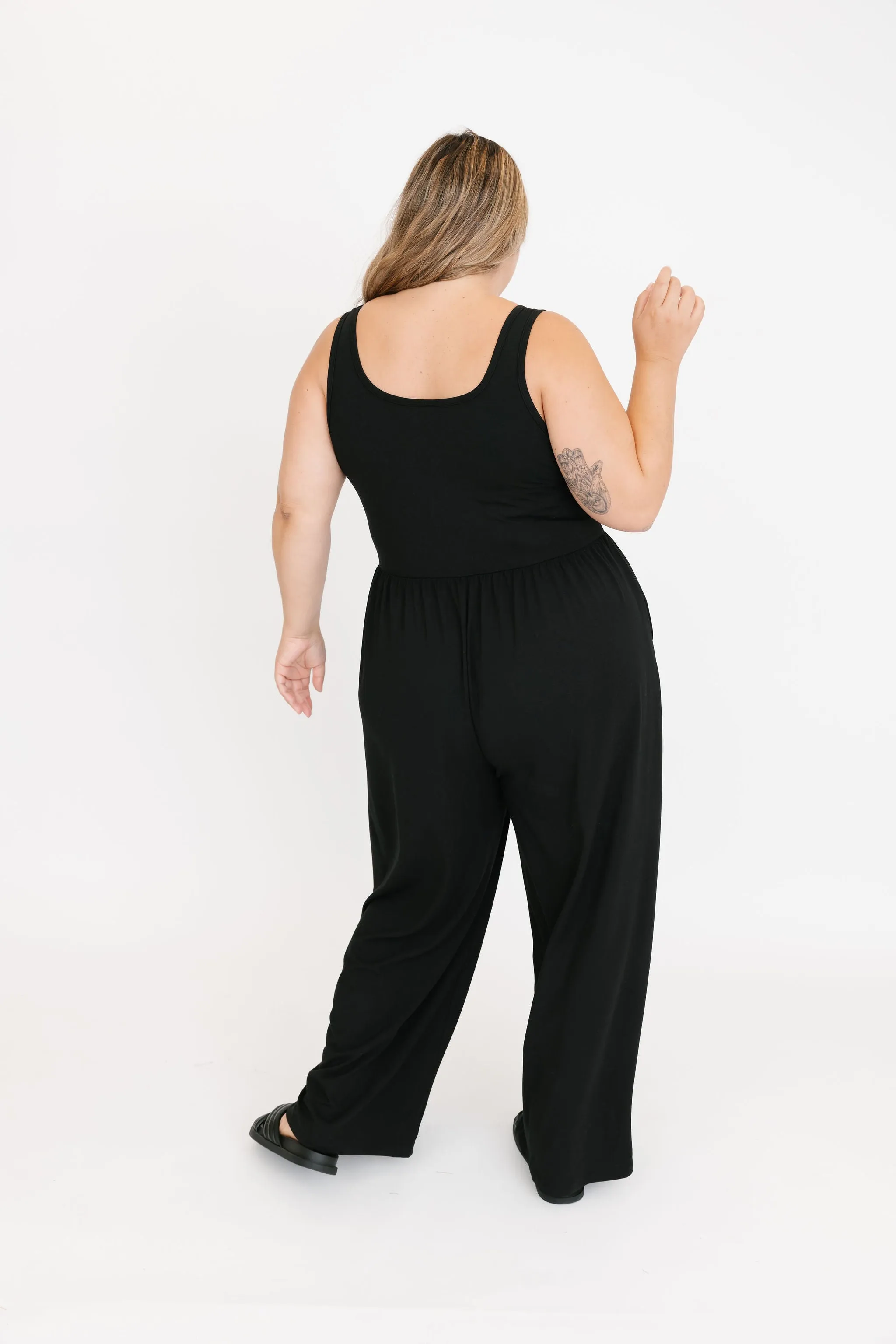 Camille Wide Leg Romper in Midnight Black