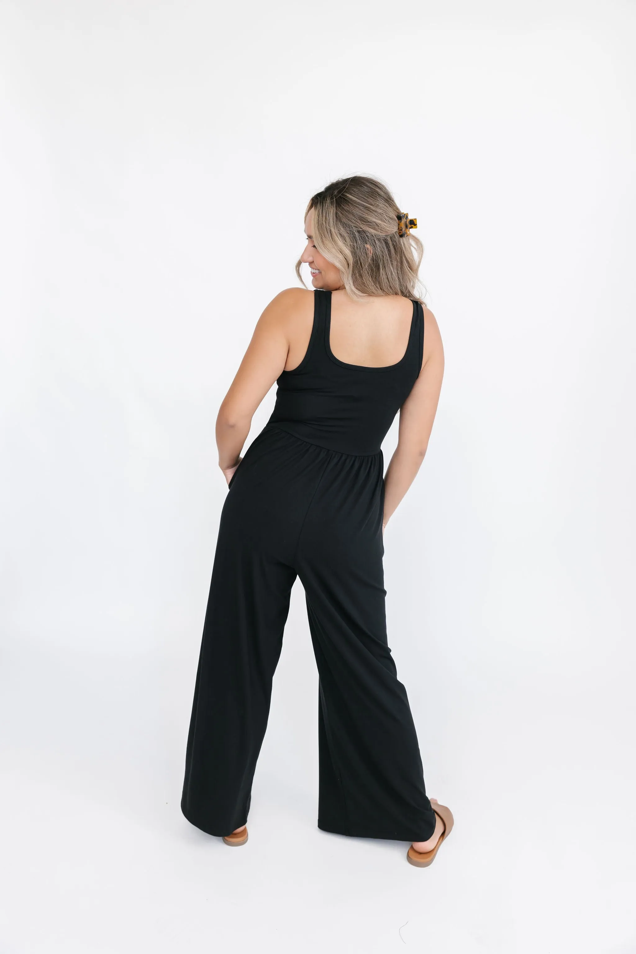 Camille Wide Leg Romper in Midnight Black