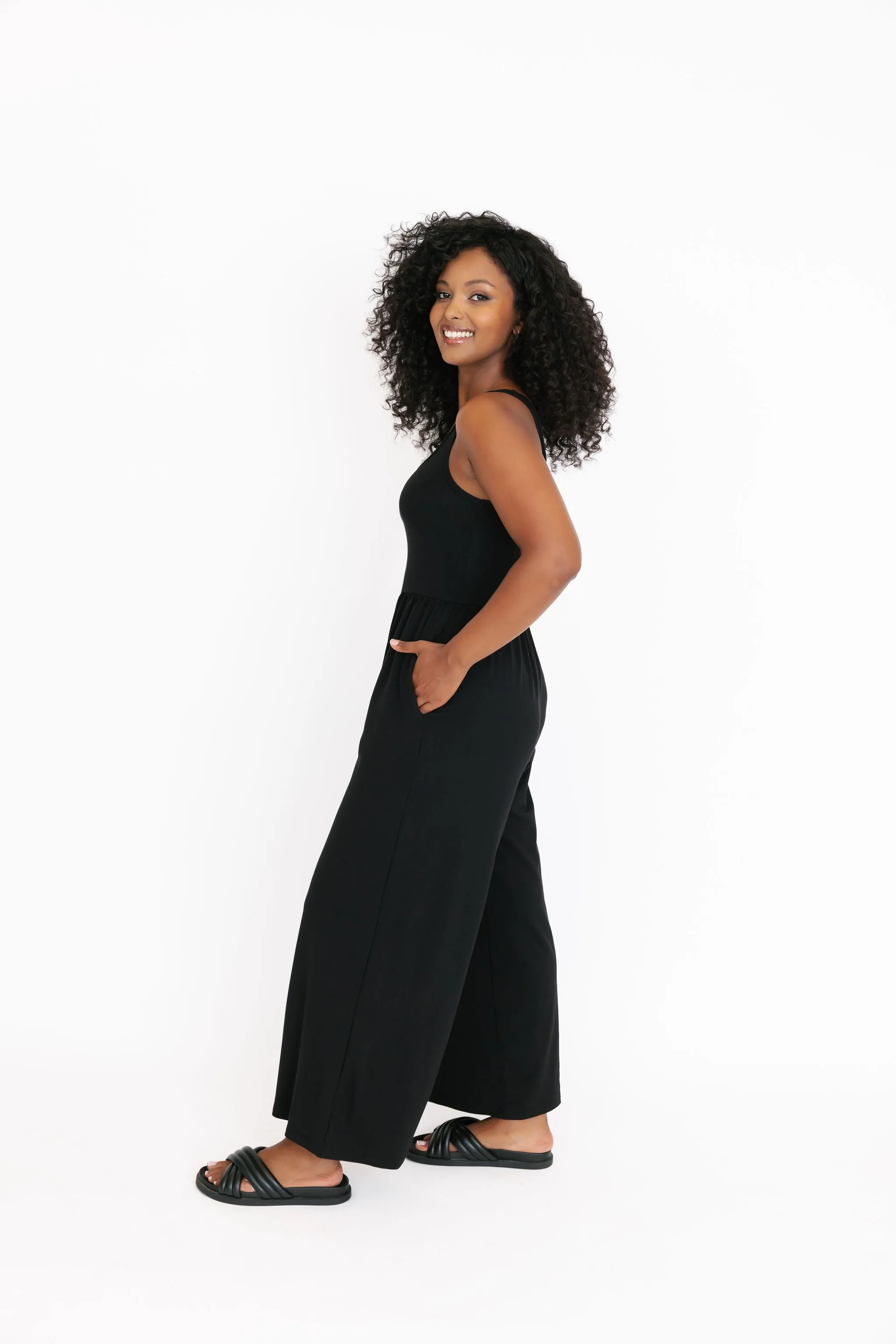Camille Wide Leg Romper in Midnight Black