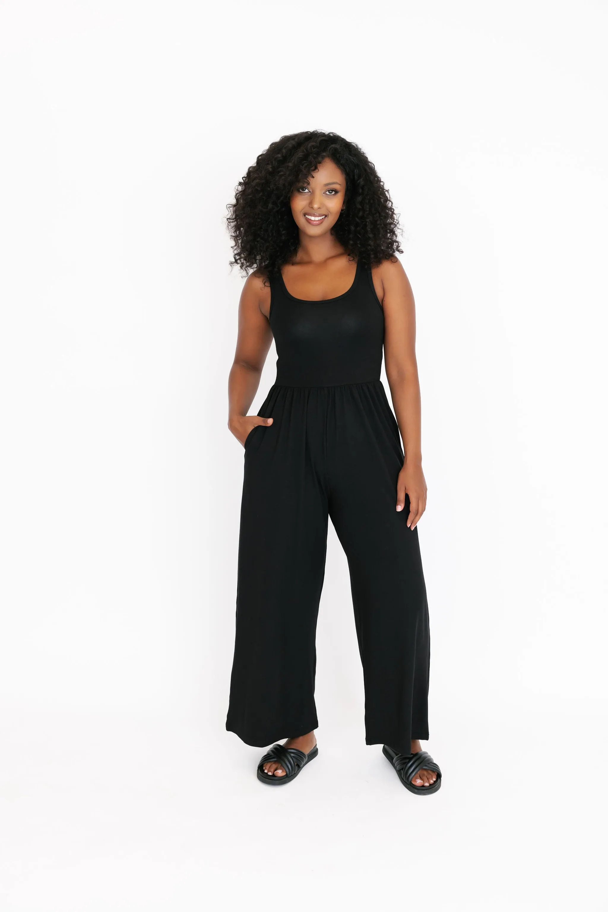 Camille Wide Leg Romper in Midnight Black