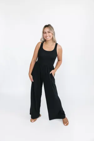 Camille Wide Leg Romper in Midnight Black