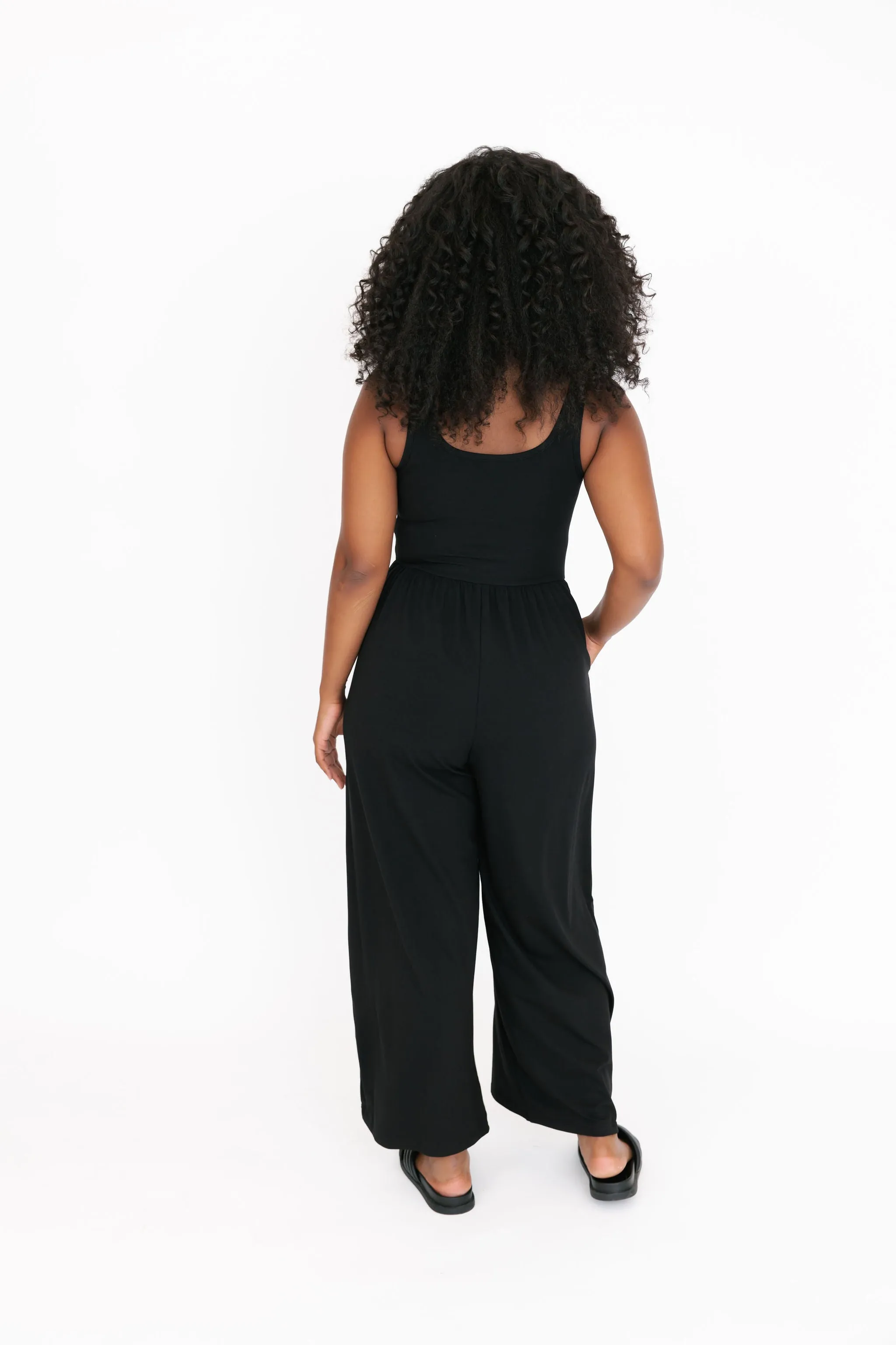 Camille Wide Leg Romper in Midnight Black