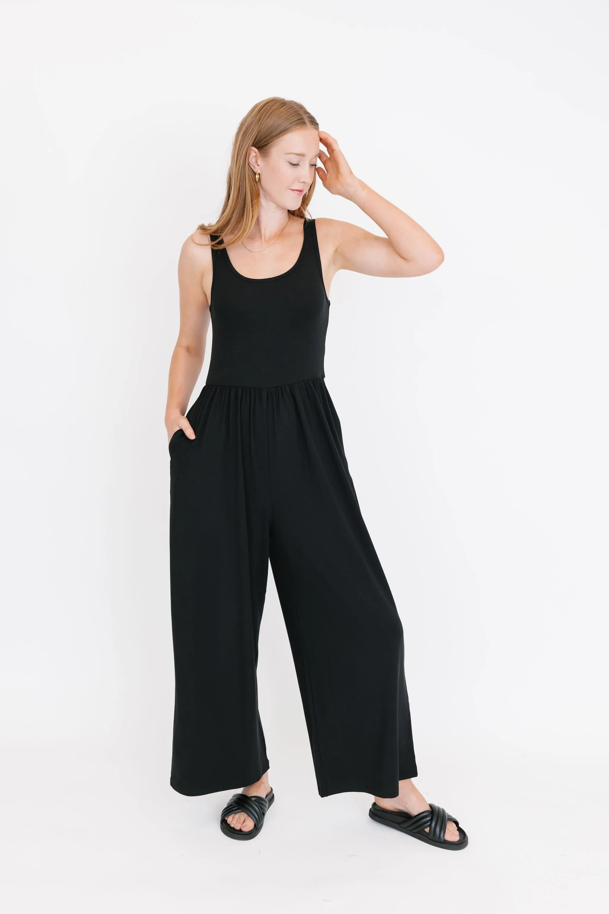 Camille Wide Leg Romper in Midnight Black