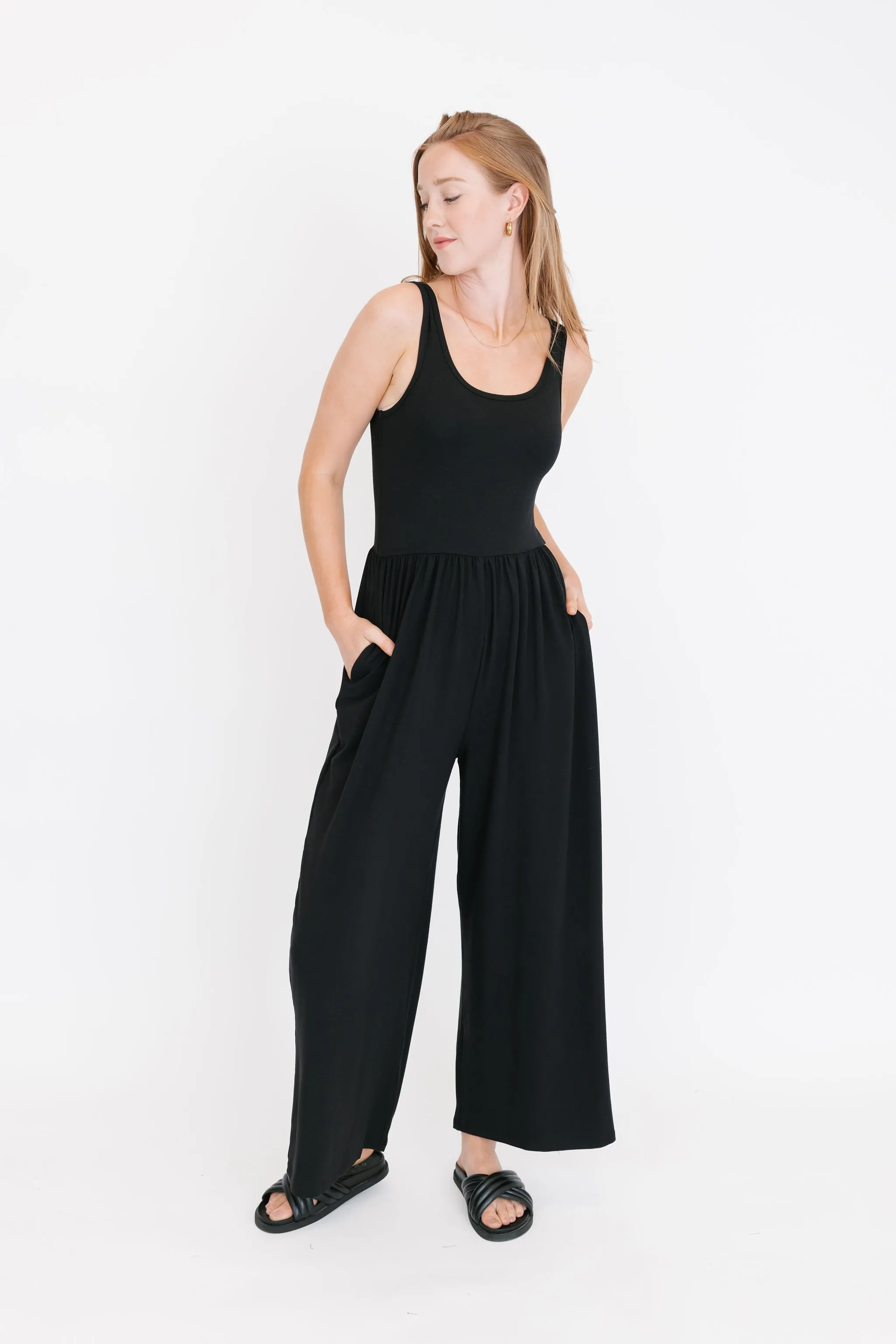 Camille Wide Leg Romper in Midnight Black