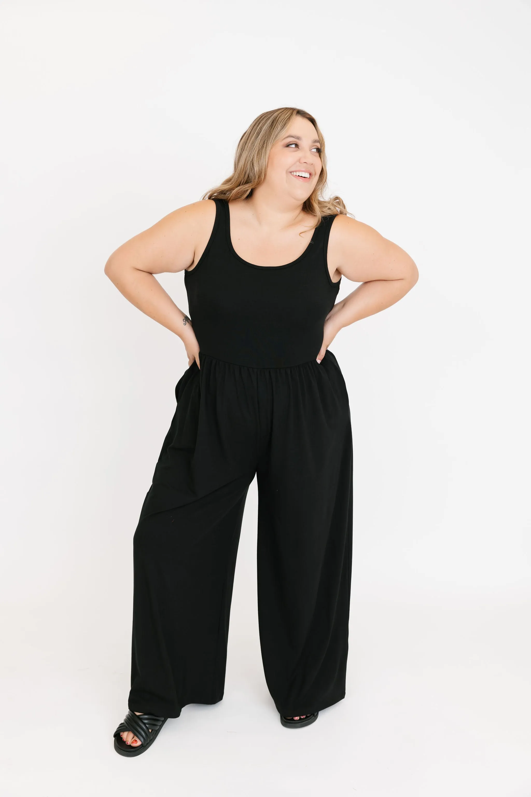 Camille Wide Leg Romper in Midnight Black