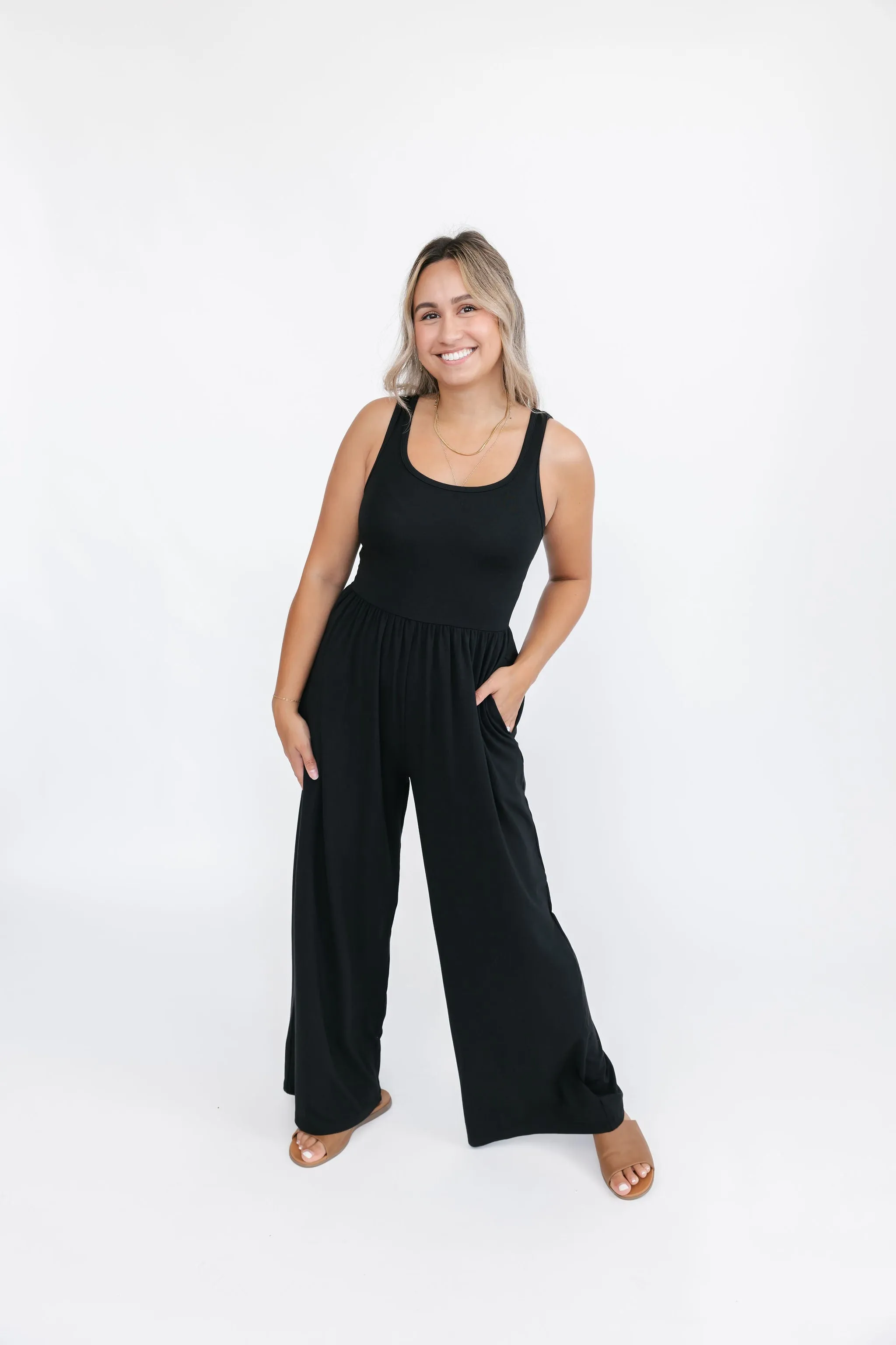 Camille Wide Leg Romper in Midnight Black