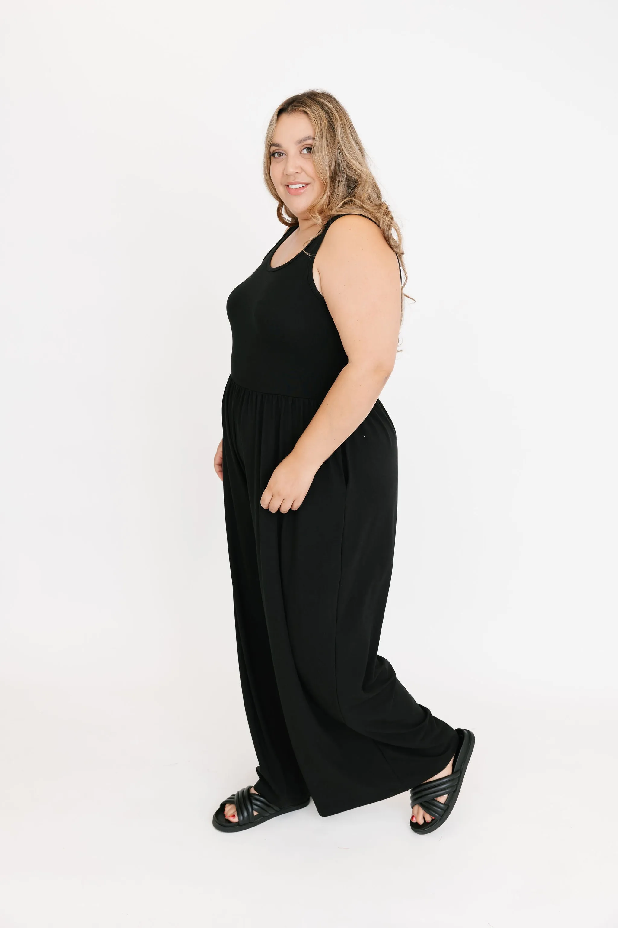 Camille Wide Leg Romper in Midnight Black