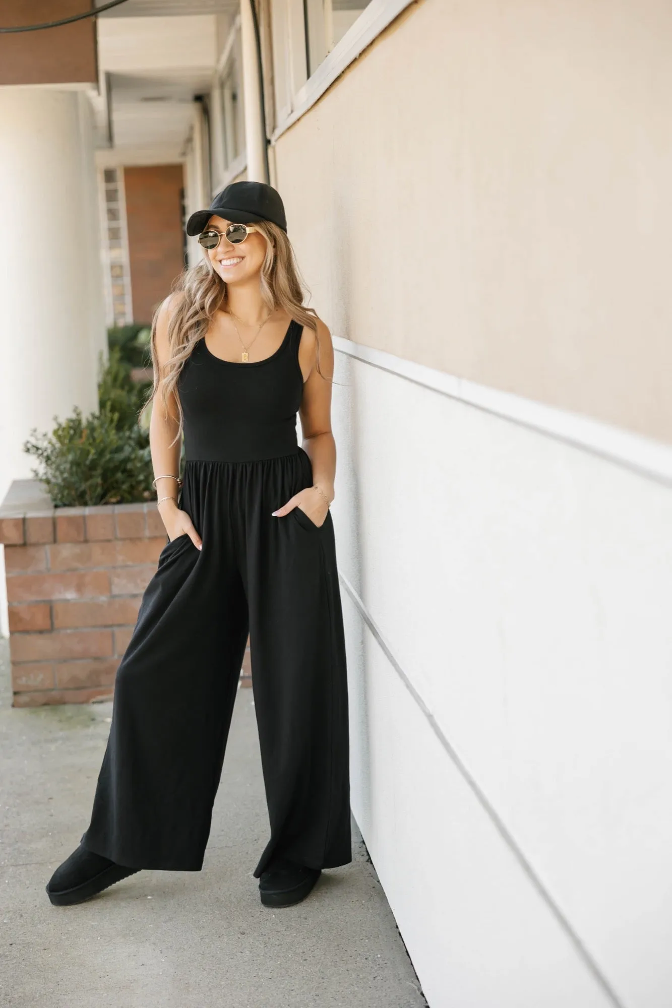 Camille Wide Leg Romper in Midnight Black