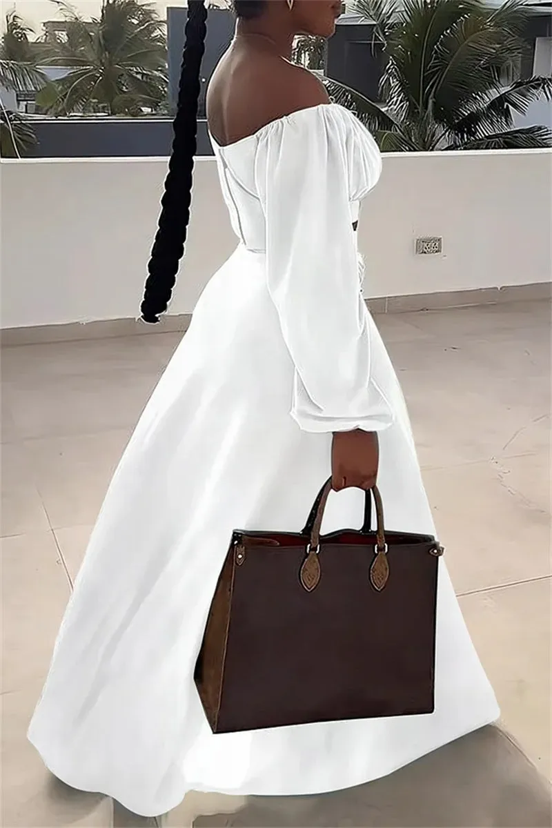 Casual Vacation Solid Slit Fold Off the Shoulder Long Sleeve Two Pieces