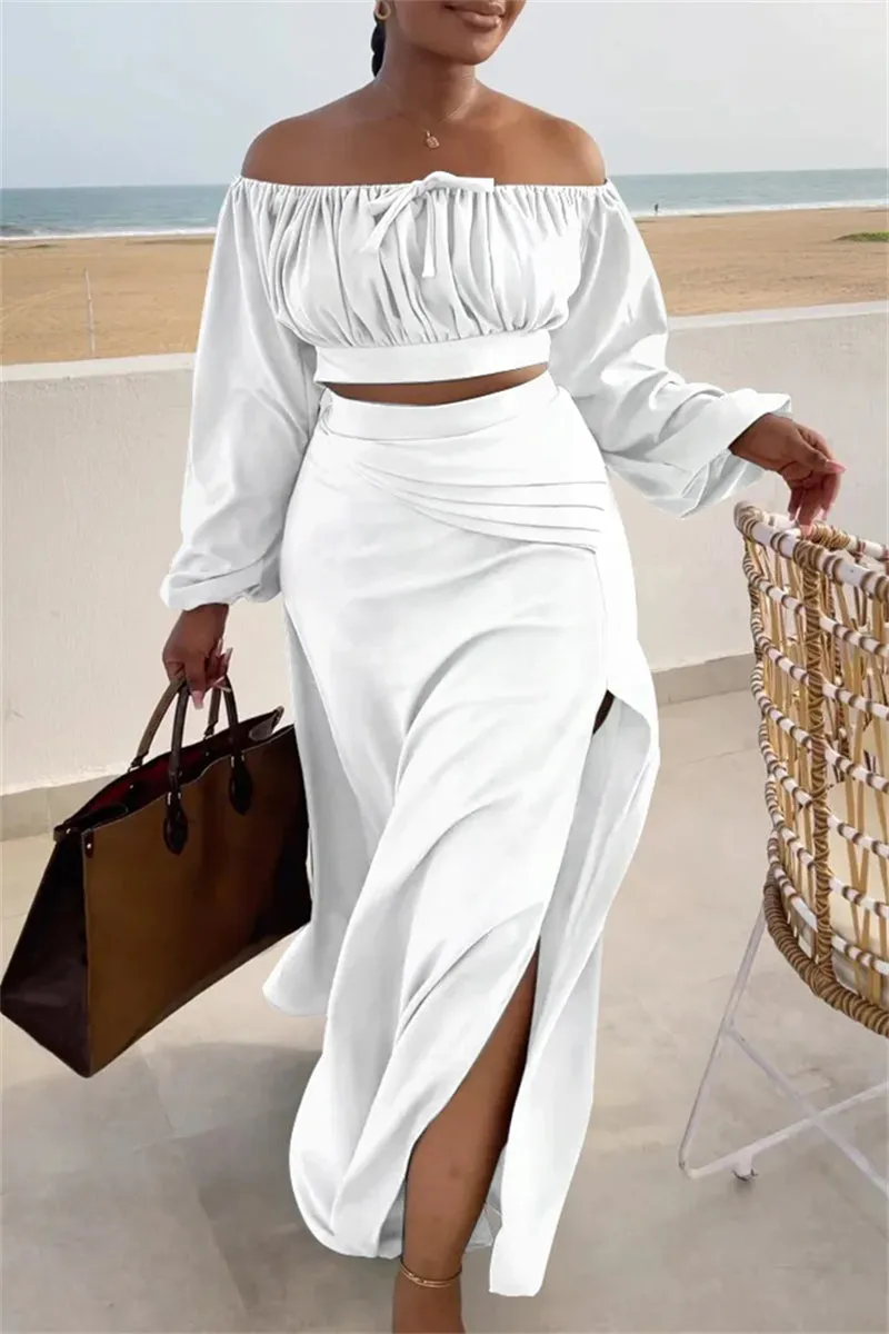Casual Vacation Solid Slit Fold Off the Shoulder Long Sleeve Two Pieces