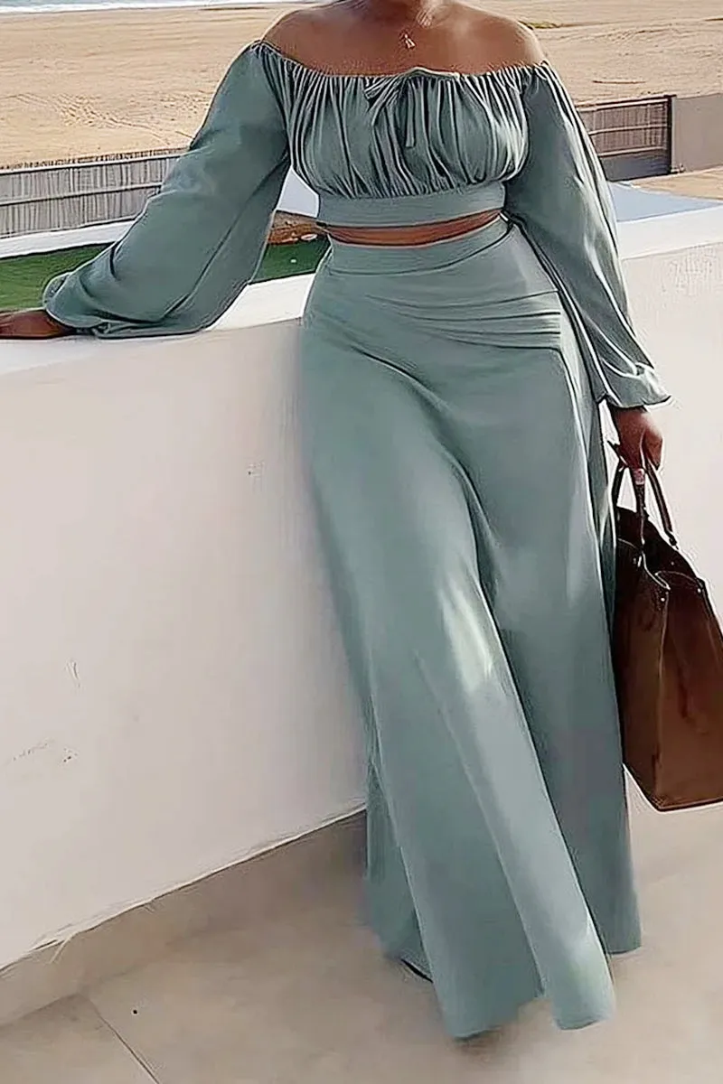 Casual Vacation Solid Slit Fold Off the Shoulder Long Sleeve Two Pieces