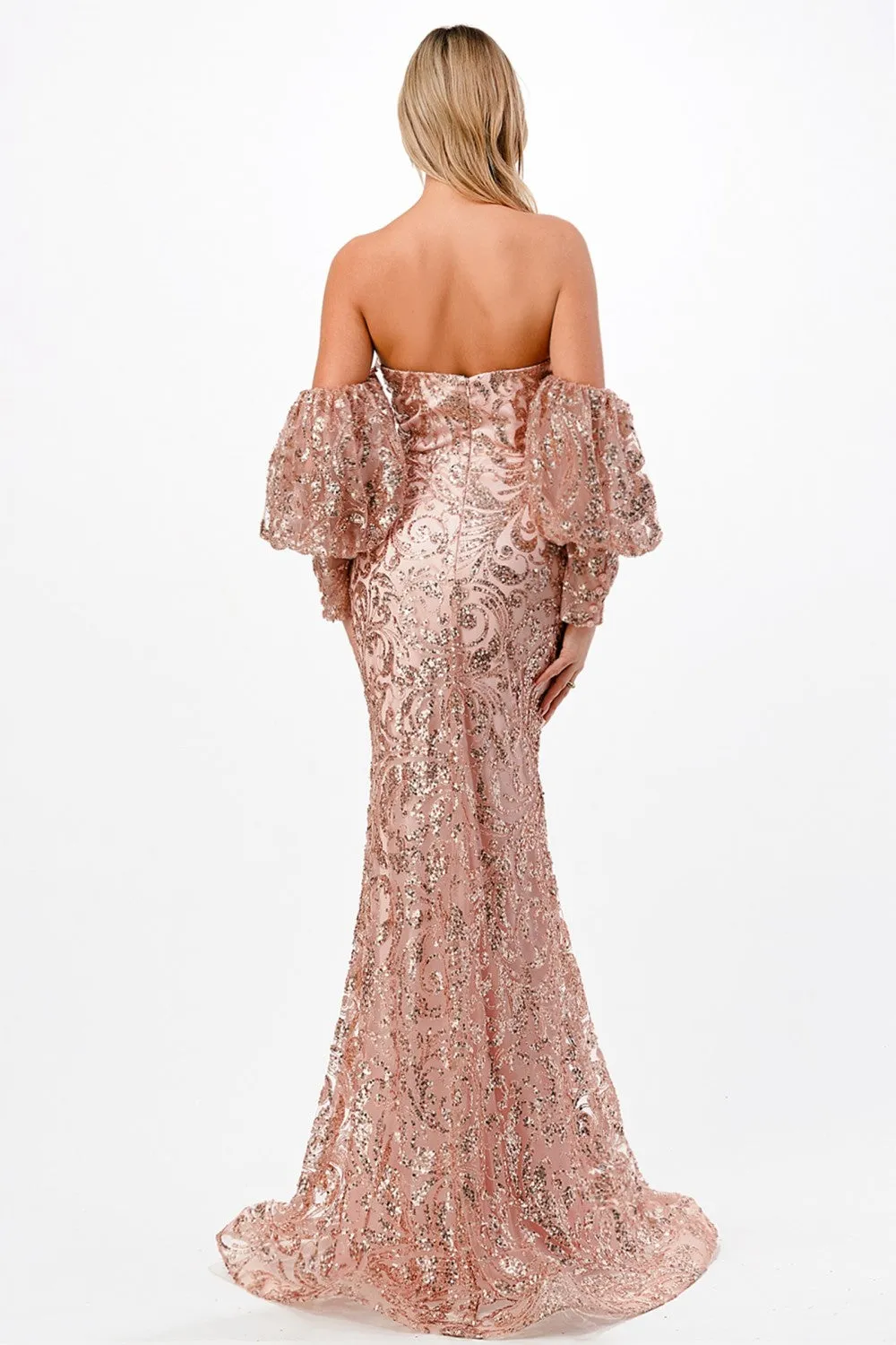 CD J820 - Strapless Glitter Print Fit & Flare Prom Gown with Sweetheart Neck Sheer Underarm Panels & Removable Sleeves