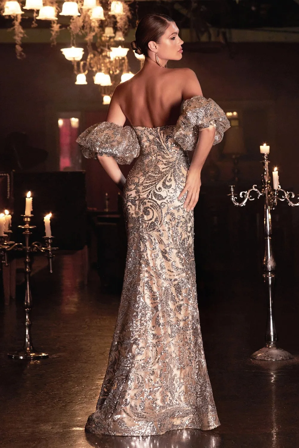 CD J820 - Strapless Glitter Print Fit & Flare Prom Gown with Sweetheart Neck Sheer Underarm Panels & Removable Sleeves