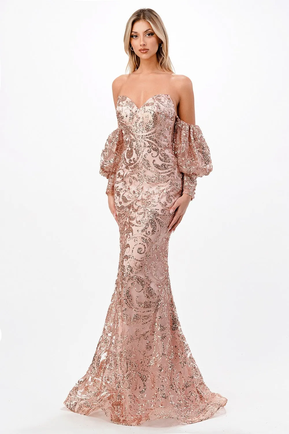 CD J820 - Strapless Glitter Print Fit & Flare Prom Gown with Sweetheart Neck Sheer Underarm Panels & Removable Sleeves